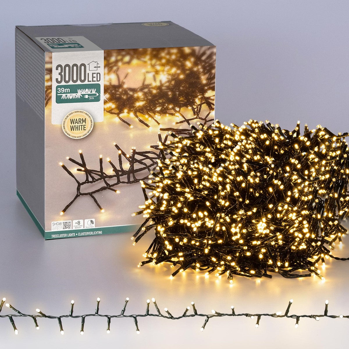 Verpackung mit 3000 LED-Lichtern auf einem schwarzen Hintergrund.