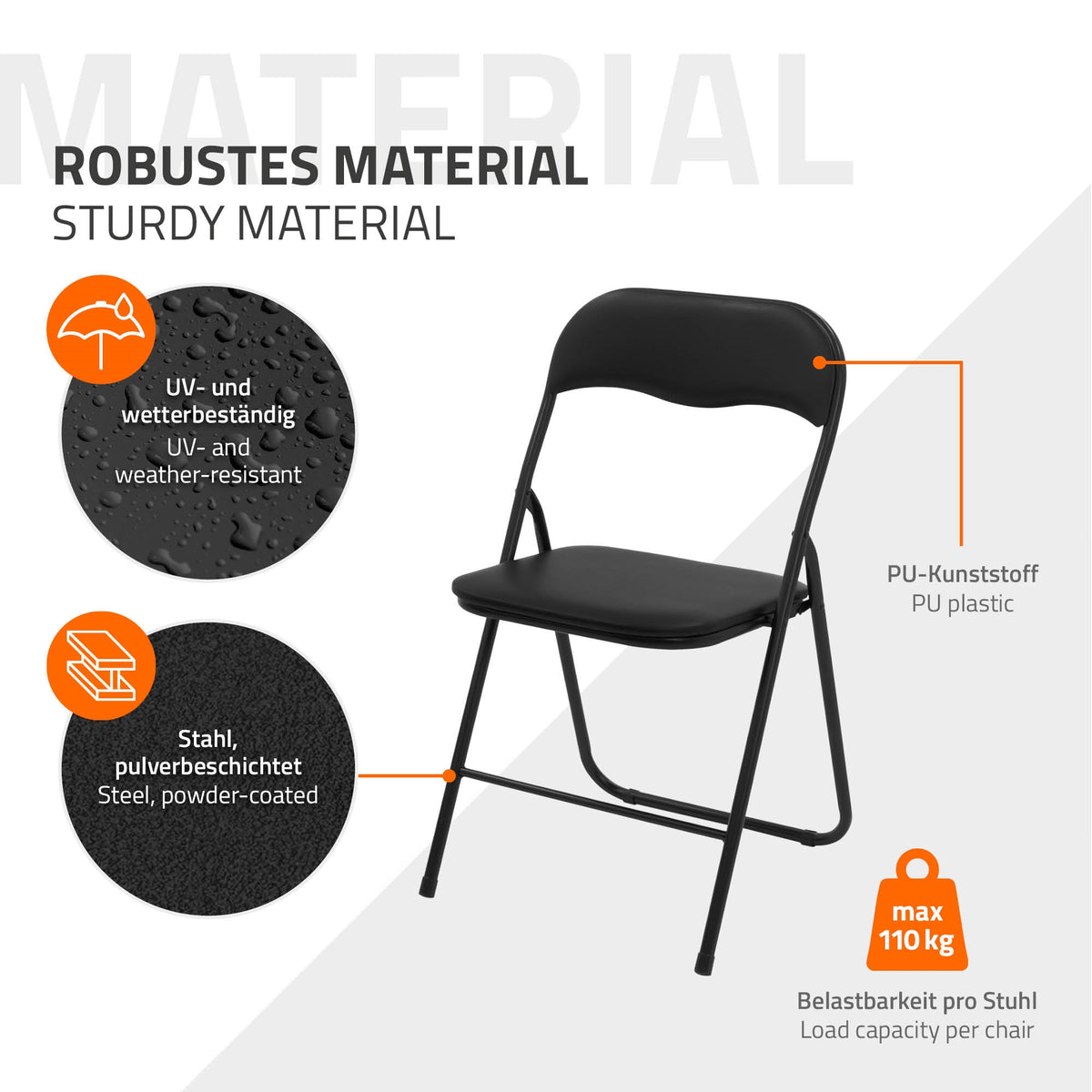 Infografik om en klapstol, materiale og belastningsevne.