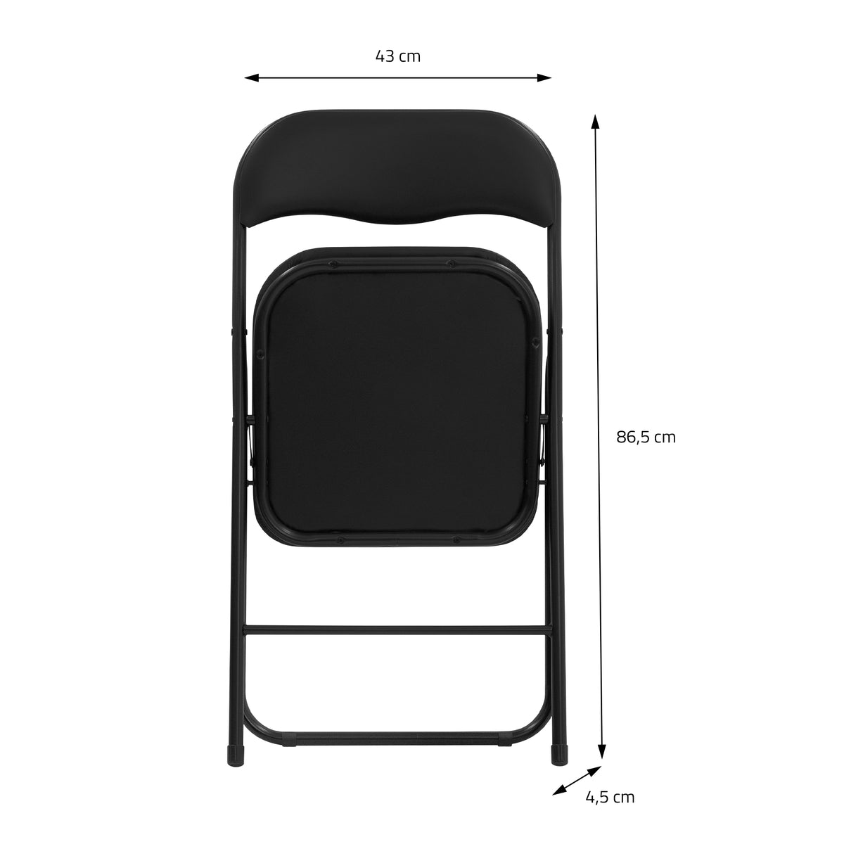 Klapstol med dimensioner: 43 cm bredde, 86,5 cm højde, 4,5 cm dybde.