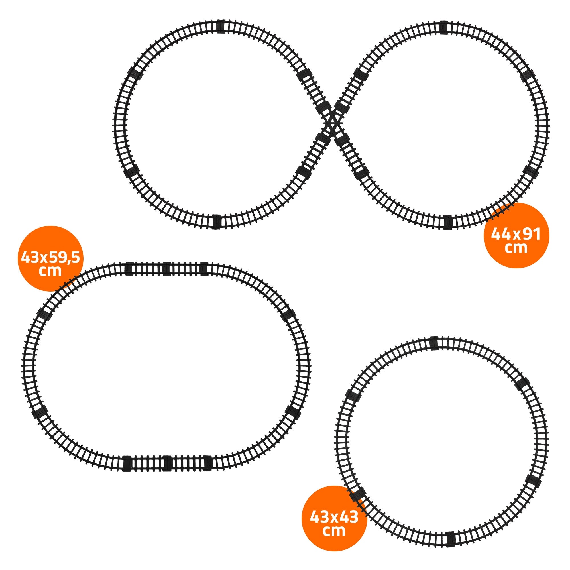 Schienenlayout mit drei verschiedenen Gleisformen in Schwarz.