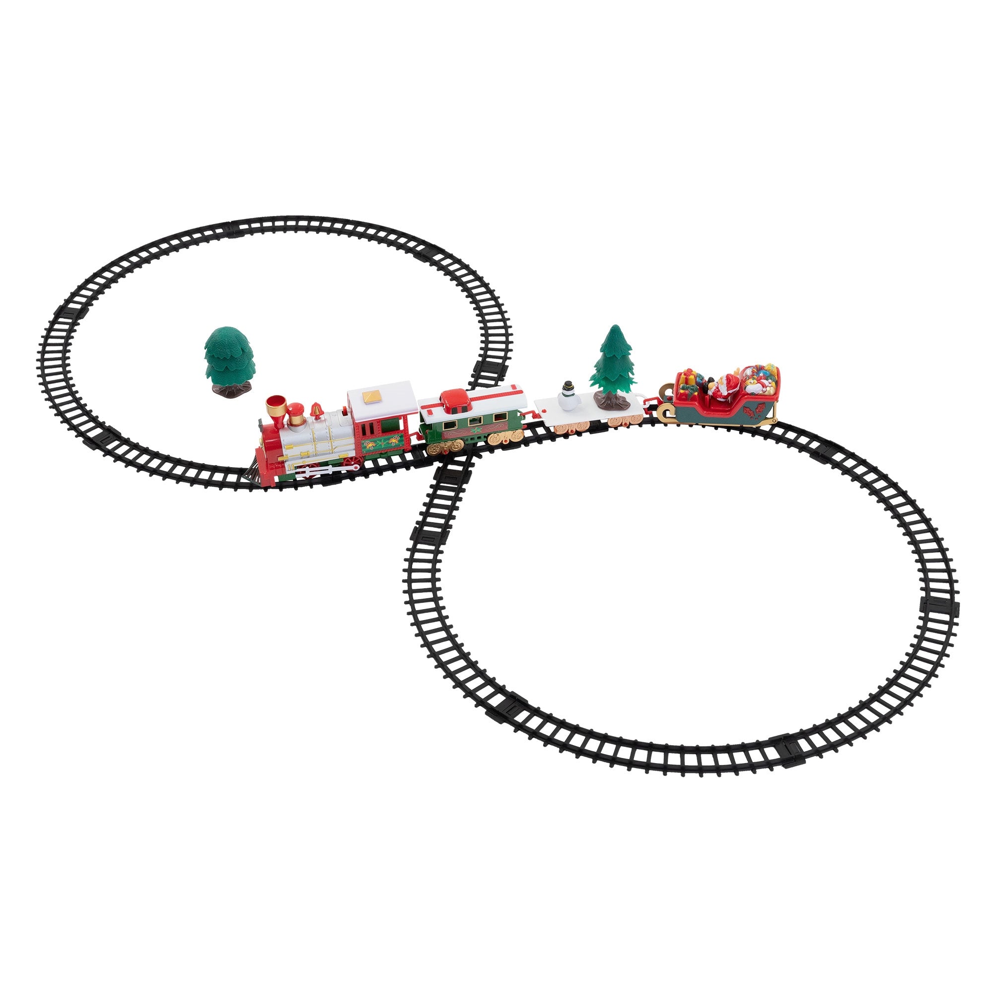 Spielzeug-Eisenbahn mit Weihnachtsmotiven, umgeben von kleinen Bäumen.