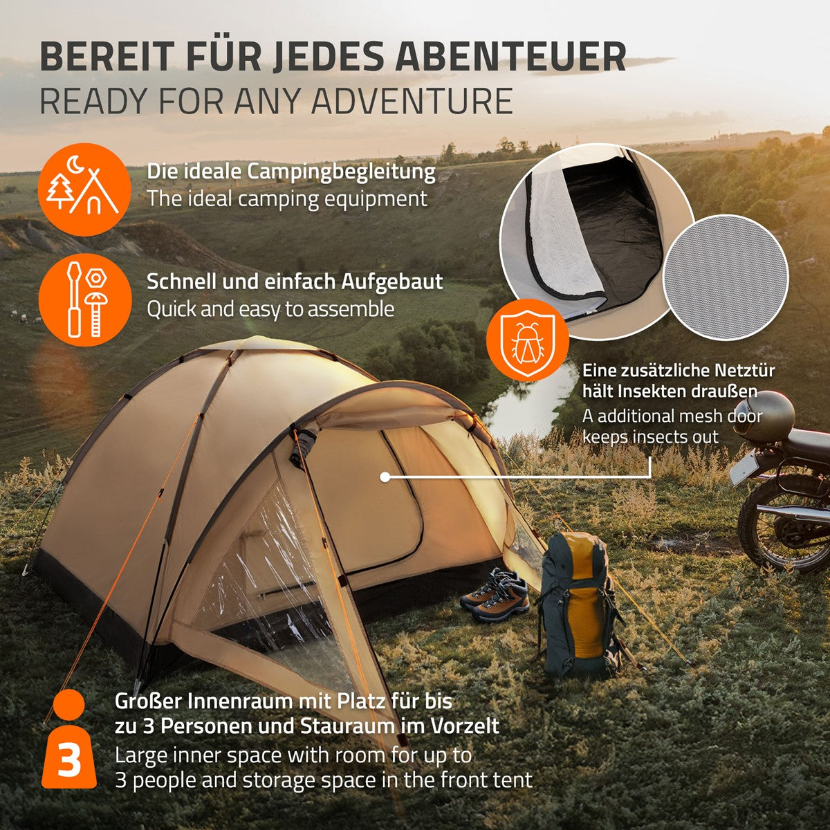 Ein Zelt in der Natur mit Rucksack und zusätzlichem Insektenschutznetz.