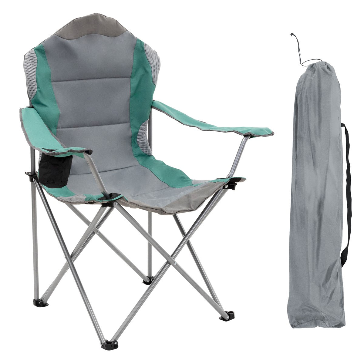 Chaise pliante grise et verte, accompagnée d’un sac de transport.