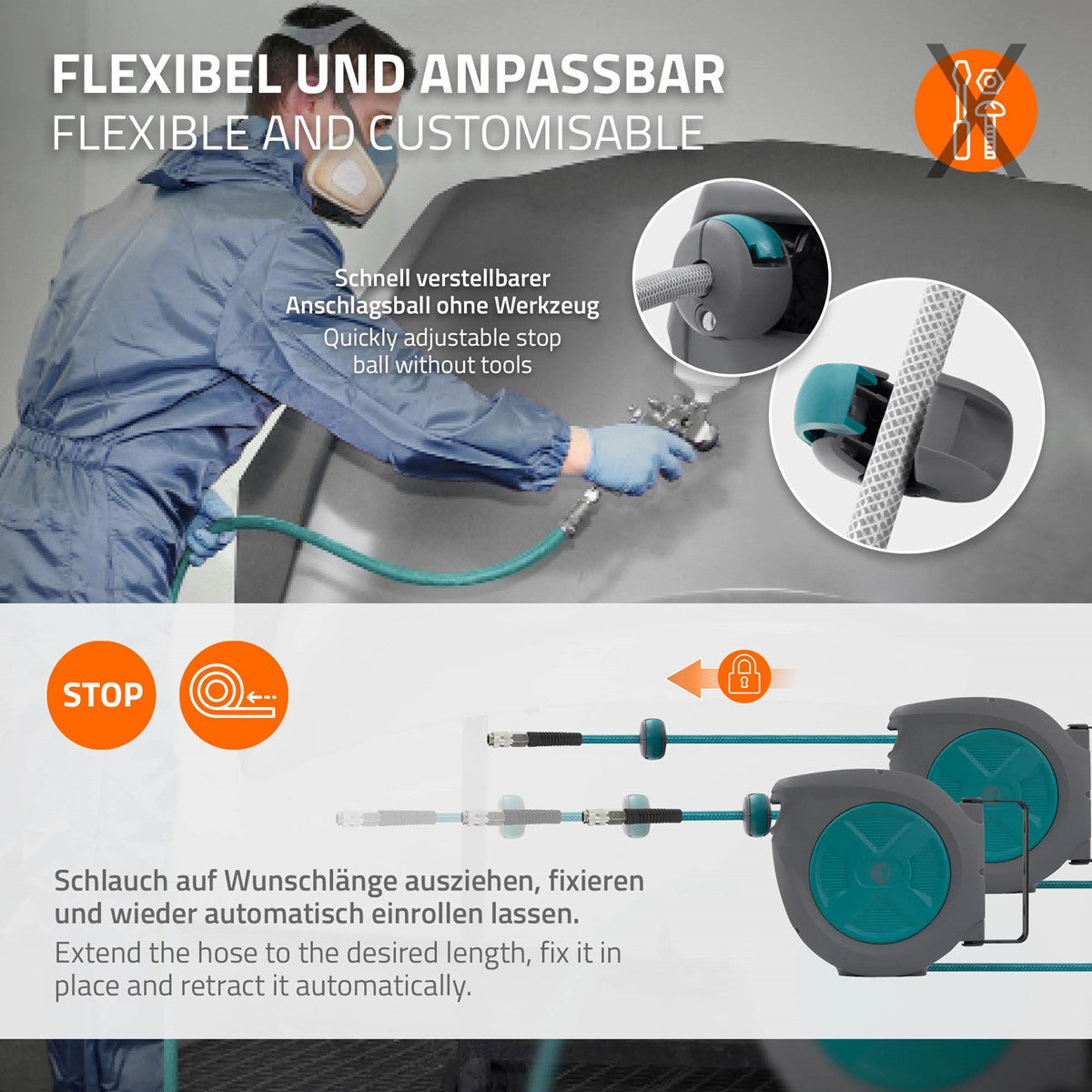 Person mit blauer Schutzkleidung, die einen flexiblen Schlauch an einem Gerät anschließt.