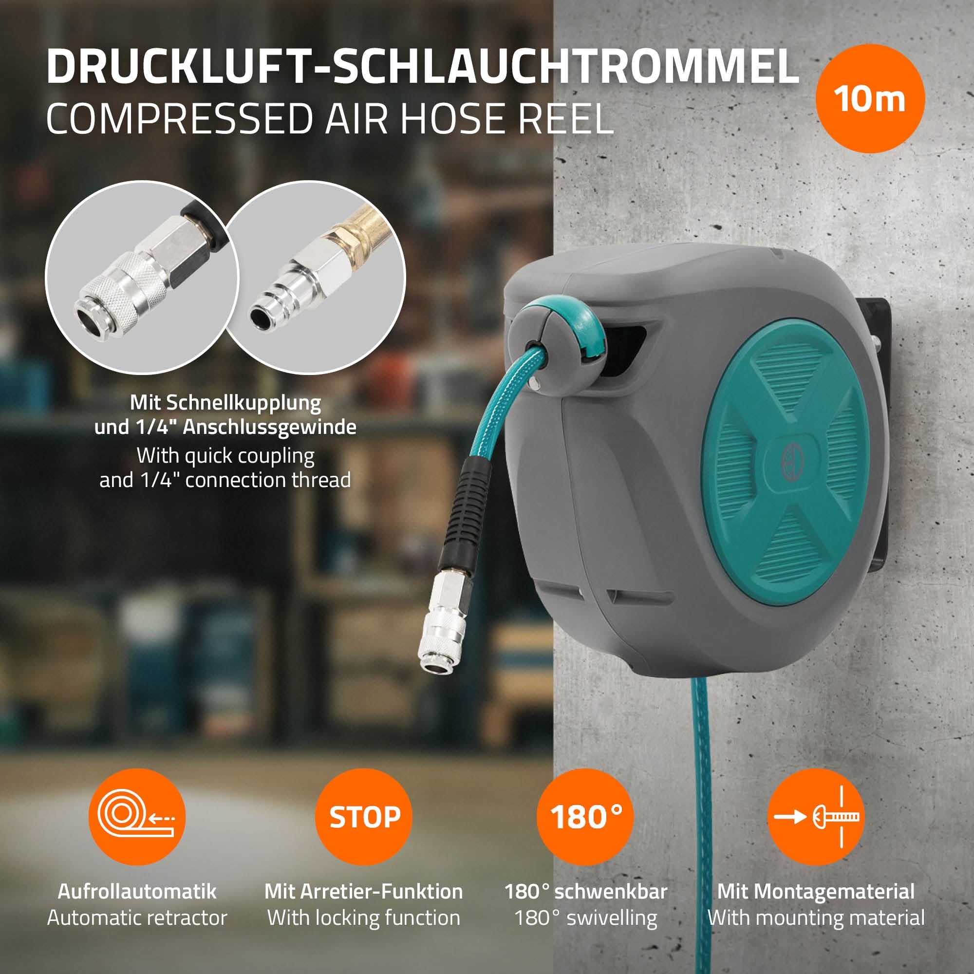Grafik zu einem Druckluft-Schlauchaufroller mit Funktionen und Eigenschaften.