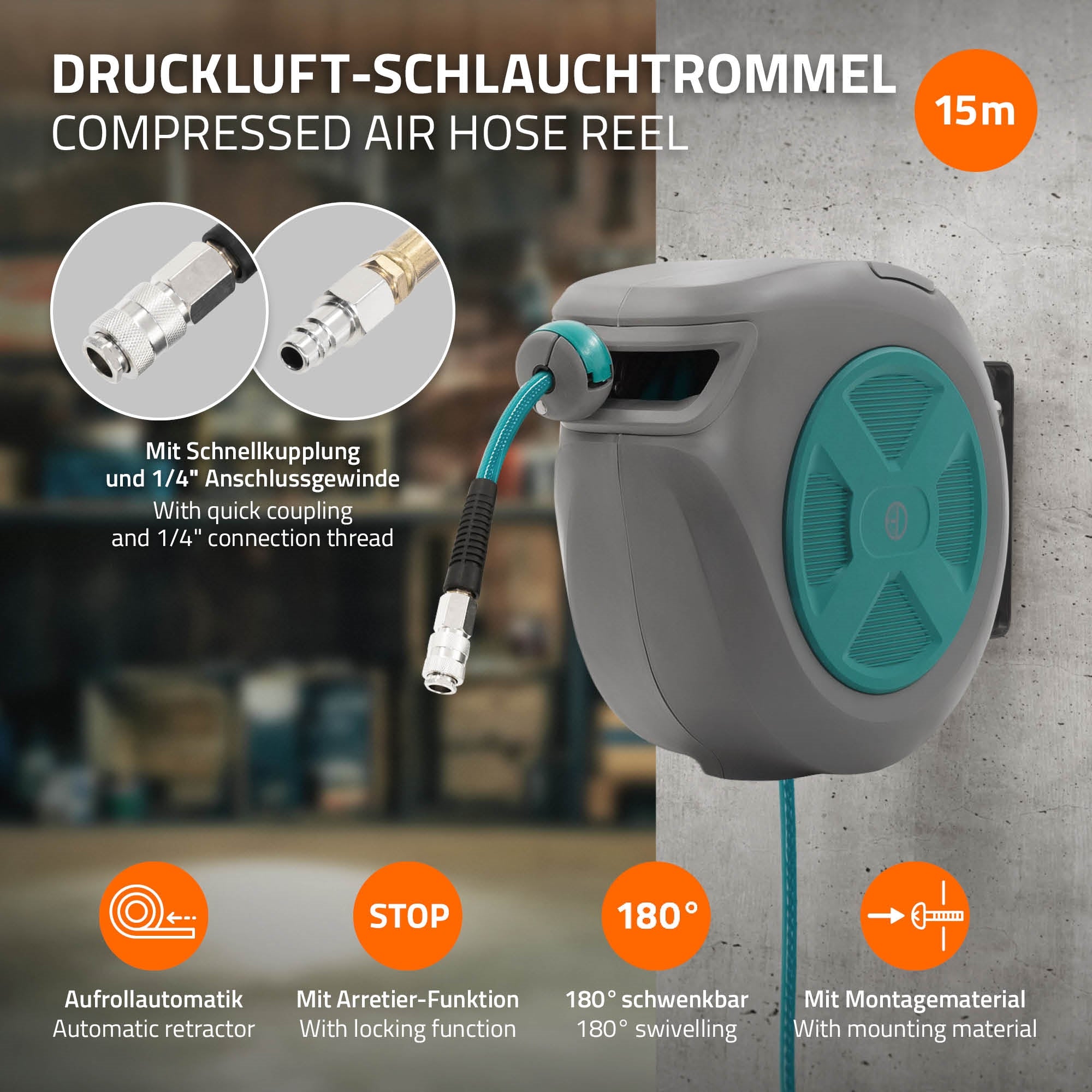 Druckluft-Schlauchtrommel mit 15m Schlauch und Schnellkupplung.