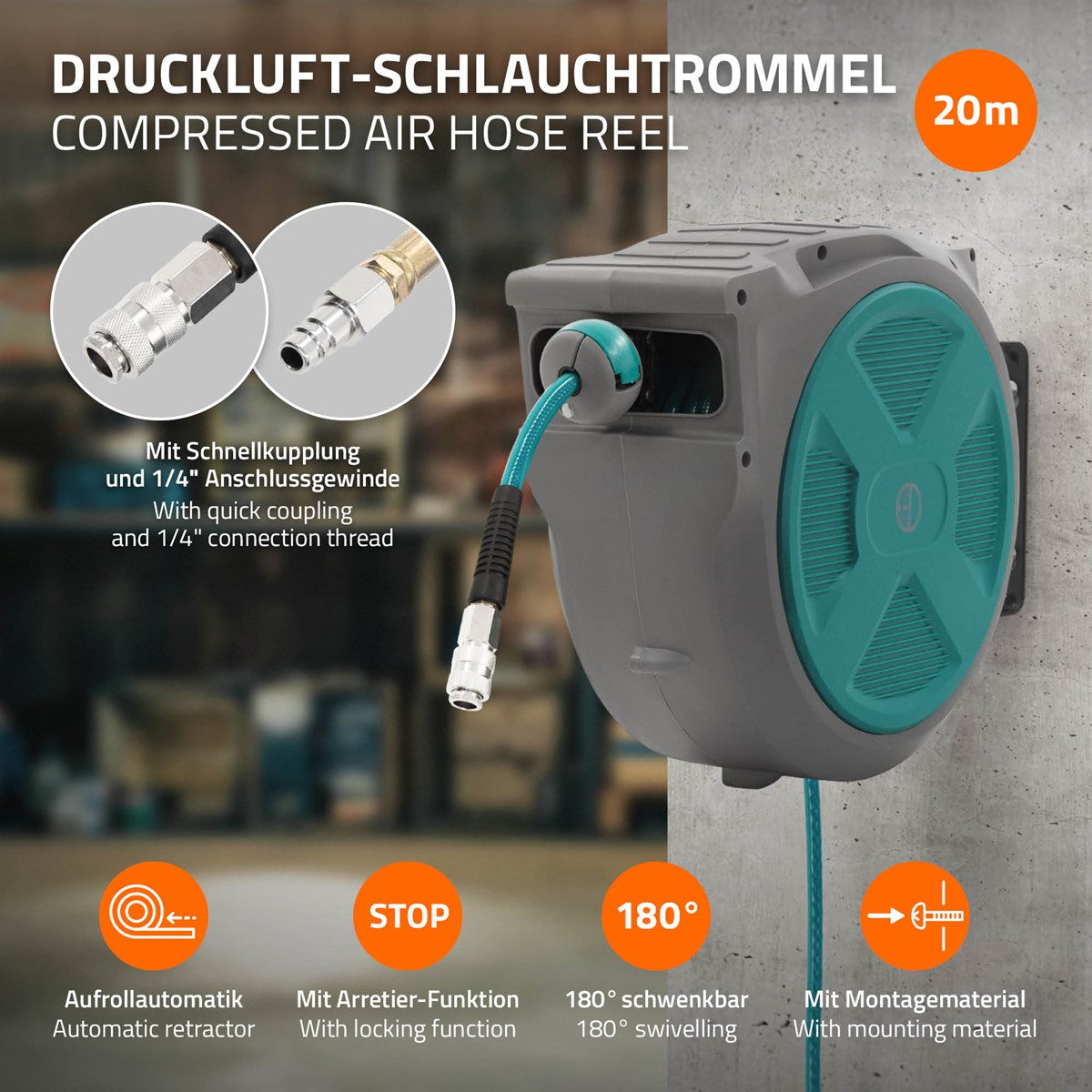 Wandmontierte Druckluft-Schlauchrolle mit Schlauch und Schnellkupplung.