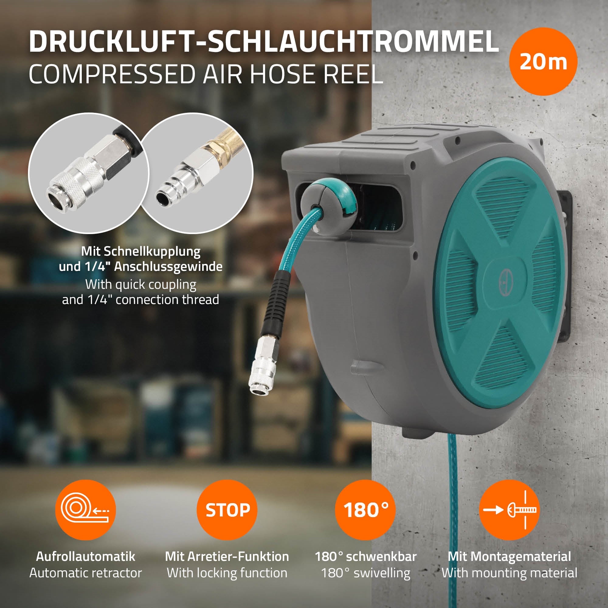 Wandmontierte Druckluft-Schlauchrolle mit Schlauch und Schnellkupplung.