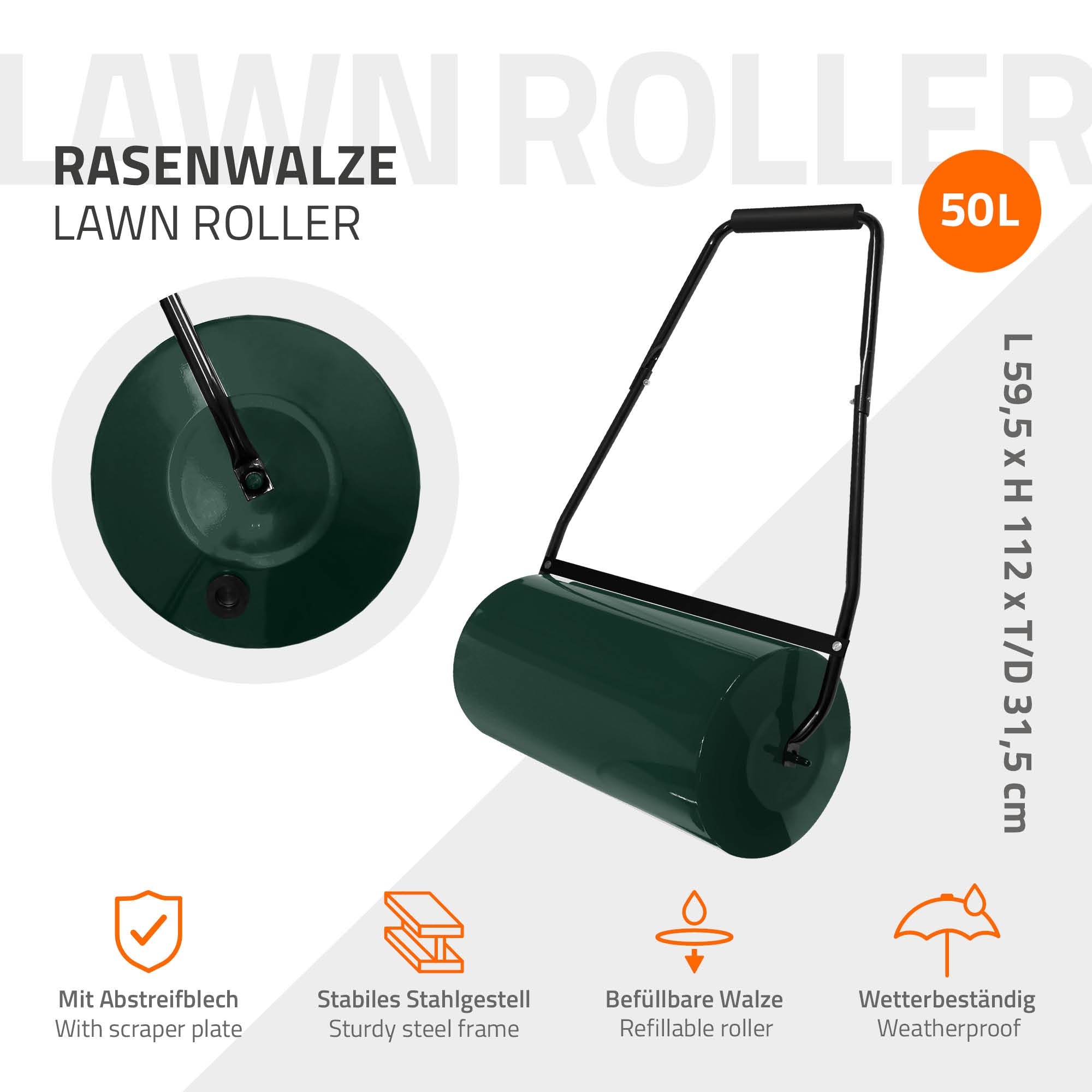 Rasenwalze mit 50L Volumen, stabiler Stahlrahmen und abnehmbarer Walze.