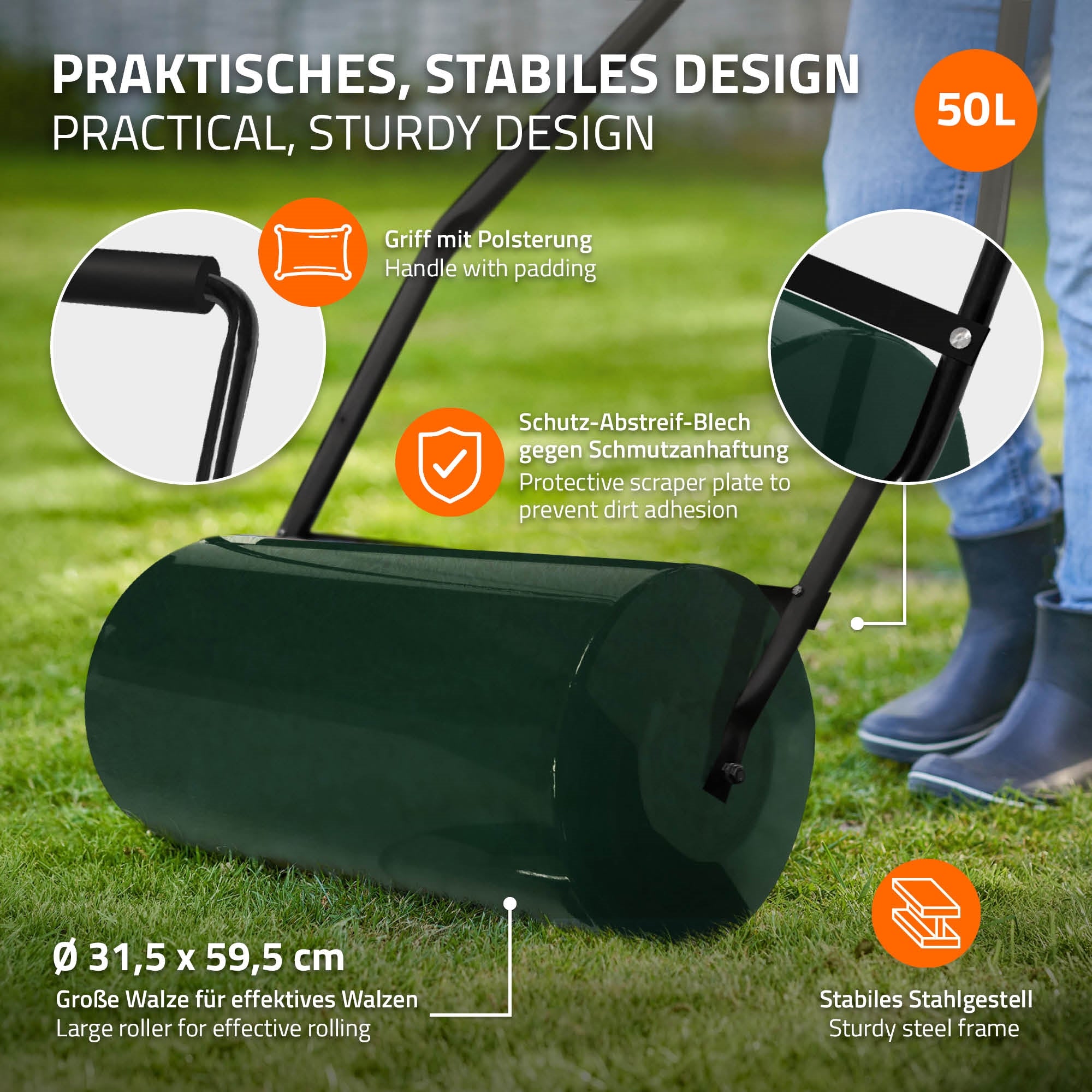 Grafik eines stabilen Rollers mit 50L Behälter und gepolstertem Griff.
