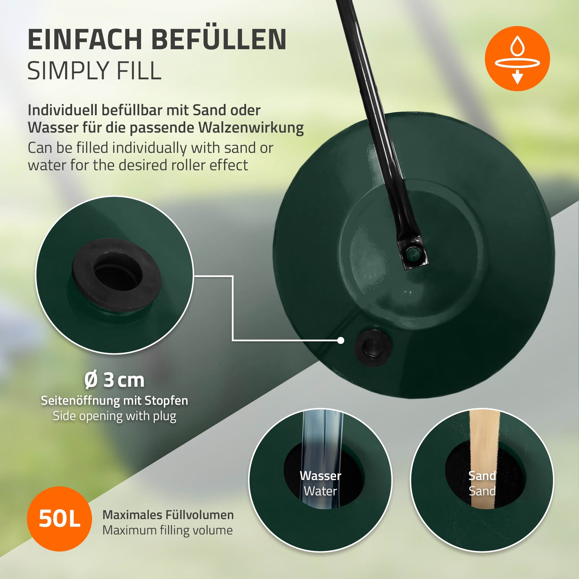 Grüner Behälter mit Öffnung zum Befüllen mit Sand oder Wasser, 50L Kapazität.