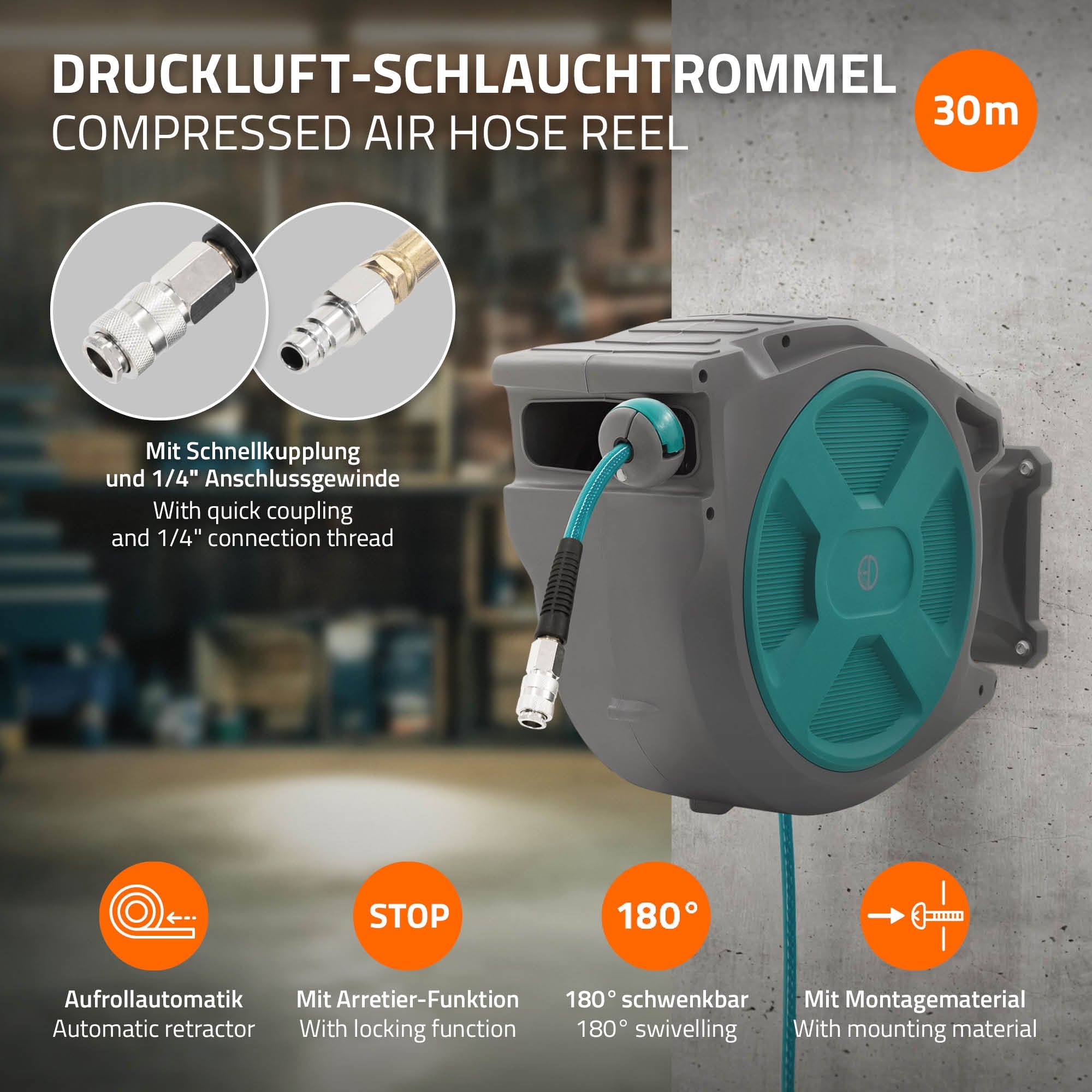 Druckluft-Schlauchrolle mit Schnellkupplung und 30m Schlauch.