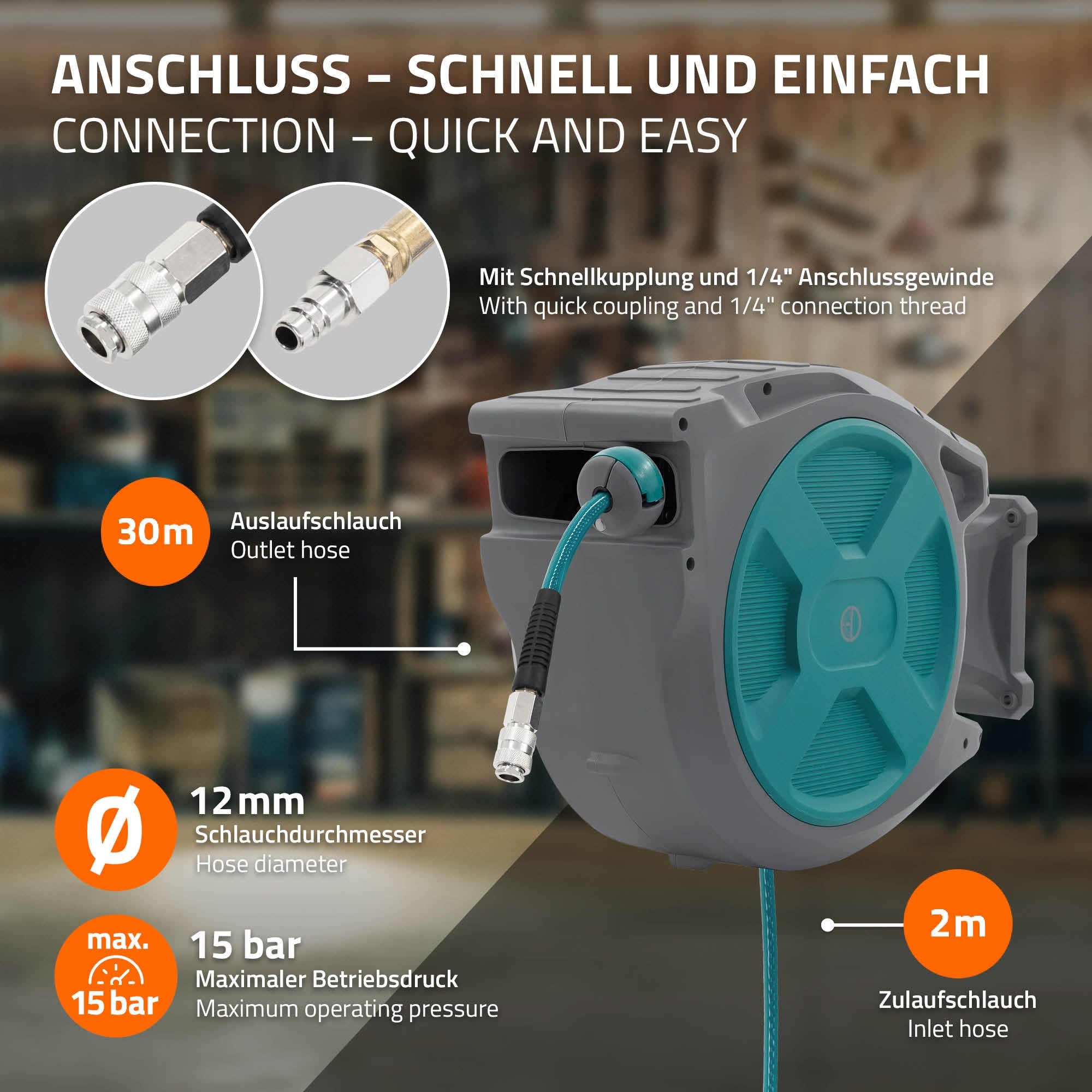 Grafik mit Informationen zu einem Schlauchaufroller, 30m Schlauch, 15 bar Druck.