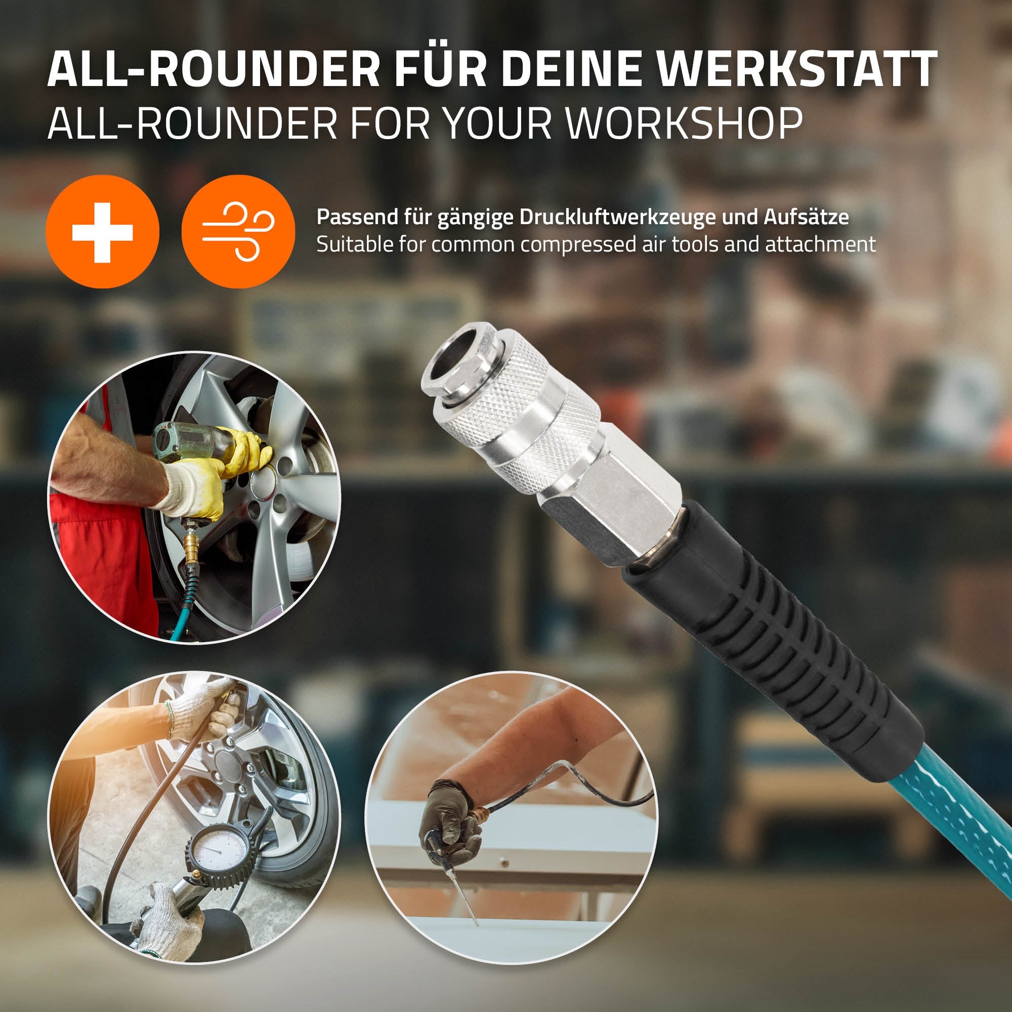 Allrounder für Werkstatt mit Druckluftanschluss und verschiedenen Werkzeugen.