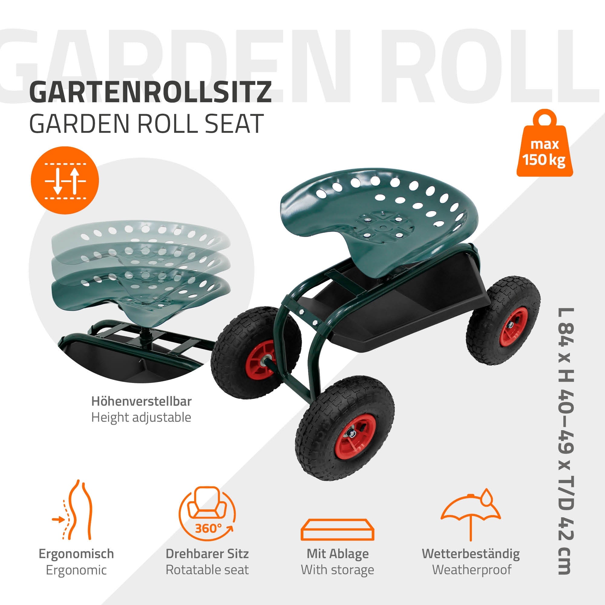 Gartenrollsitz mit ergonomischer Sitzfläche, höhenverstellbar und drehbar.