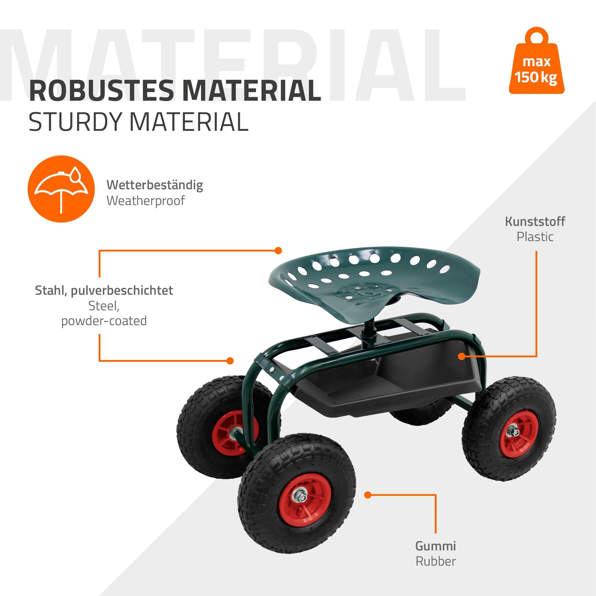 Sedia a rotelle da giardino con quattro ruote, in plastica e metallo.