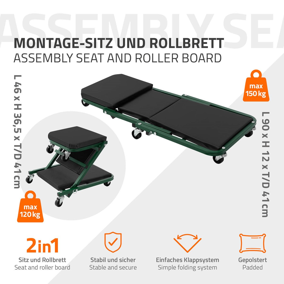 Montagesitz und Rollbrett mit zwei Sitzflächen und Rollen, max. 150 kg.
