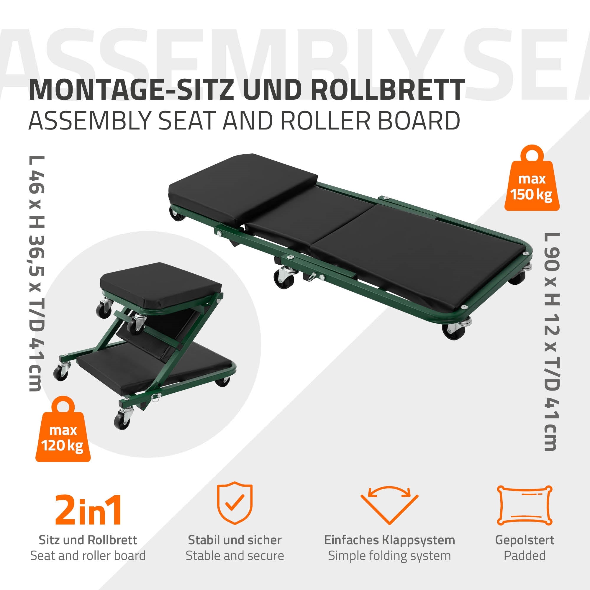 Montagesitz und Rollbrett mit zwei Sitzflächen und Rollen, max. 150 kg.