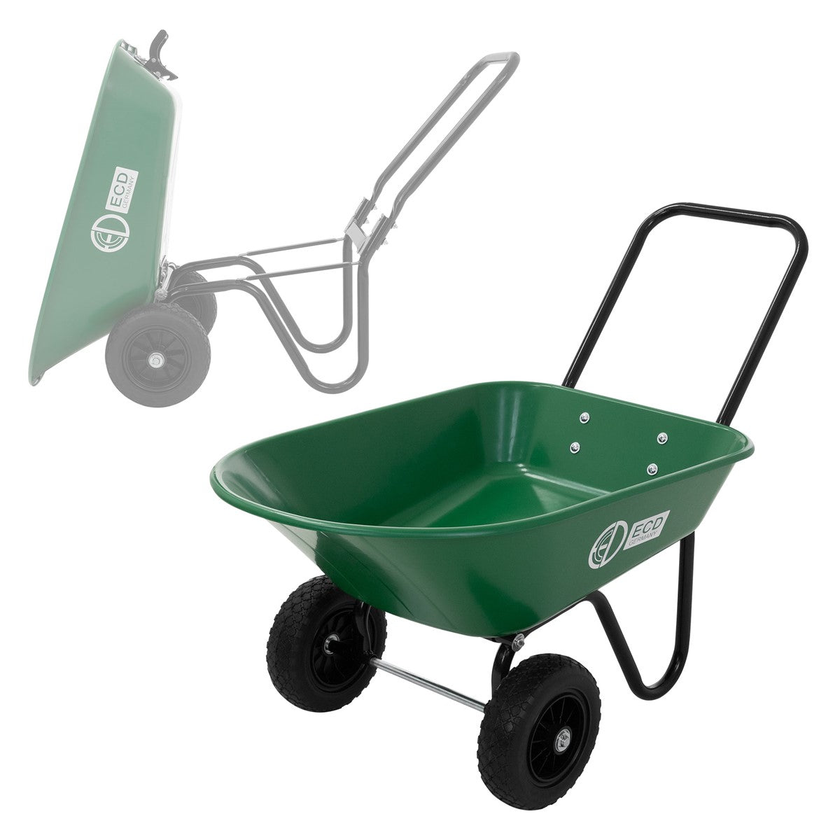 Eine grüne Schubkarre mit einem stabilen Gestell und großen Rädern.