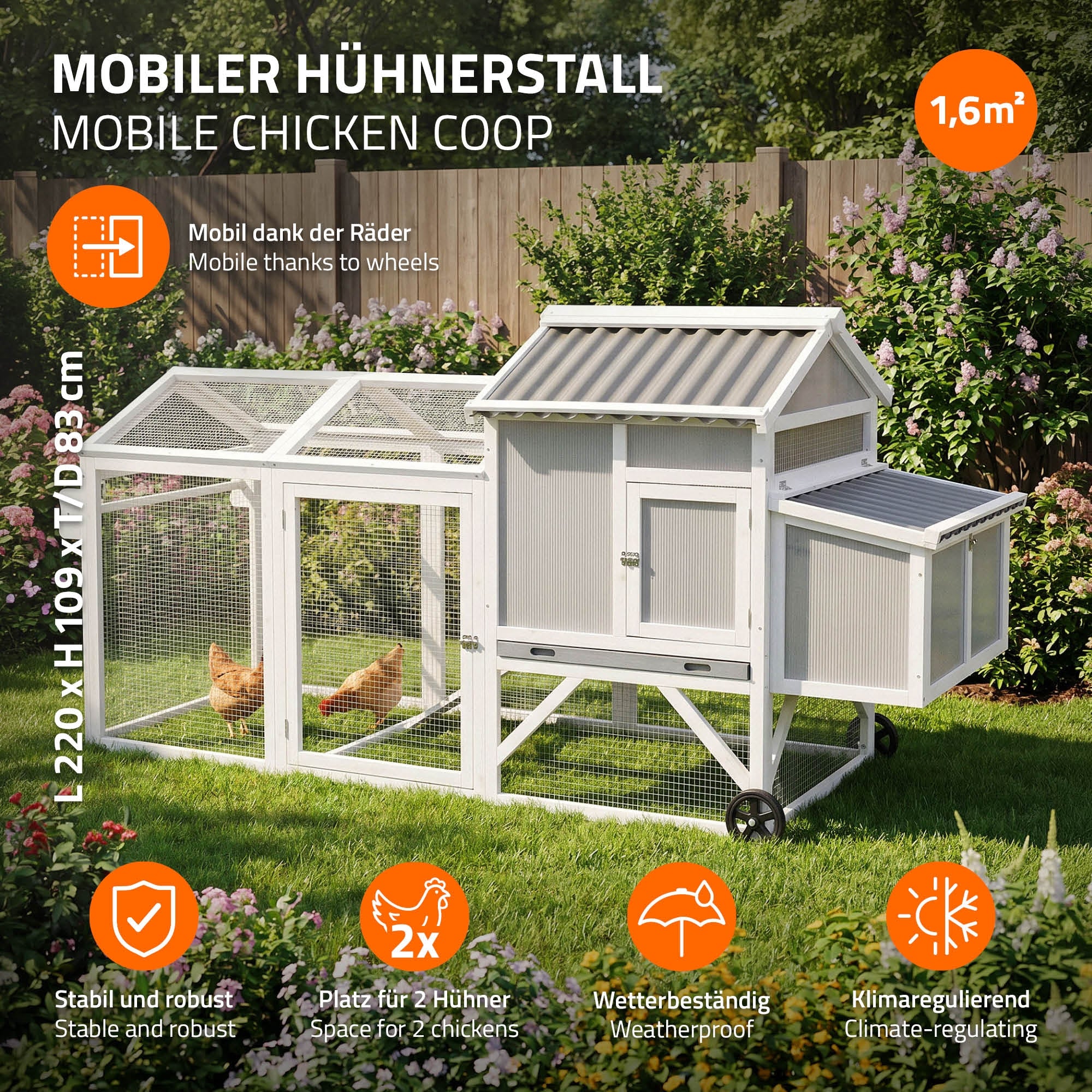Mobiler Hühnerstall mit Platz für zwei Hühner und wetterfestem Dach.