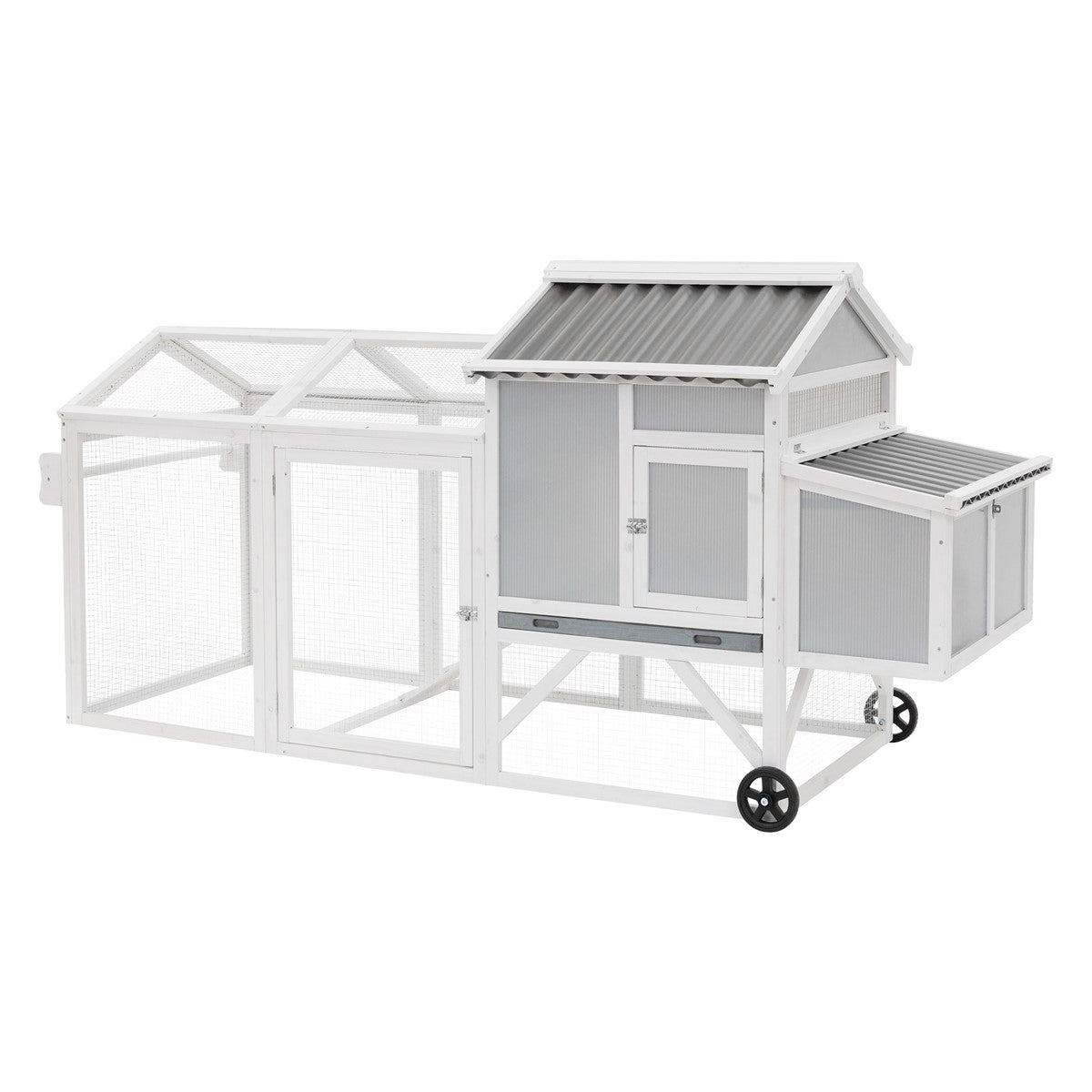 A chicken coop with a large run and a sloping roof.