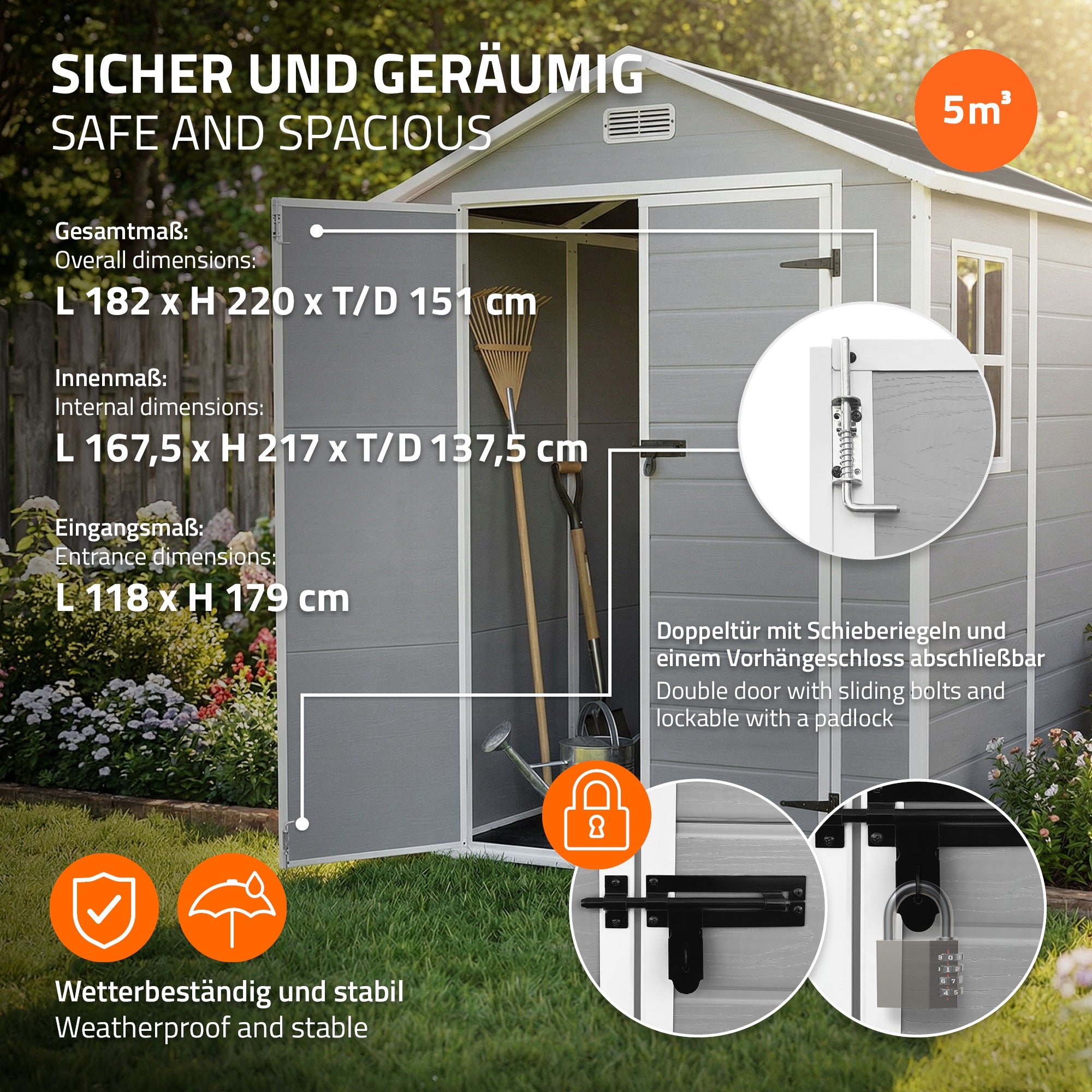Gartenhaus mit Abmessungen und Sicherheitsmerkmalen, wetterbeständig und stabil.