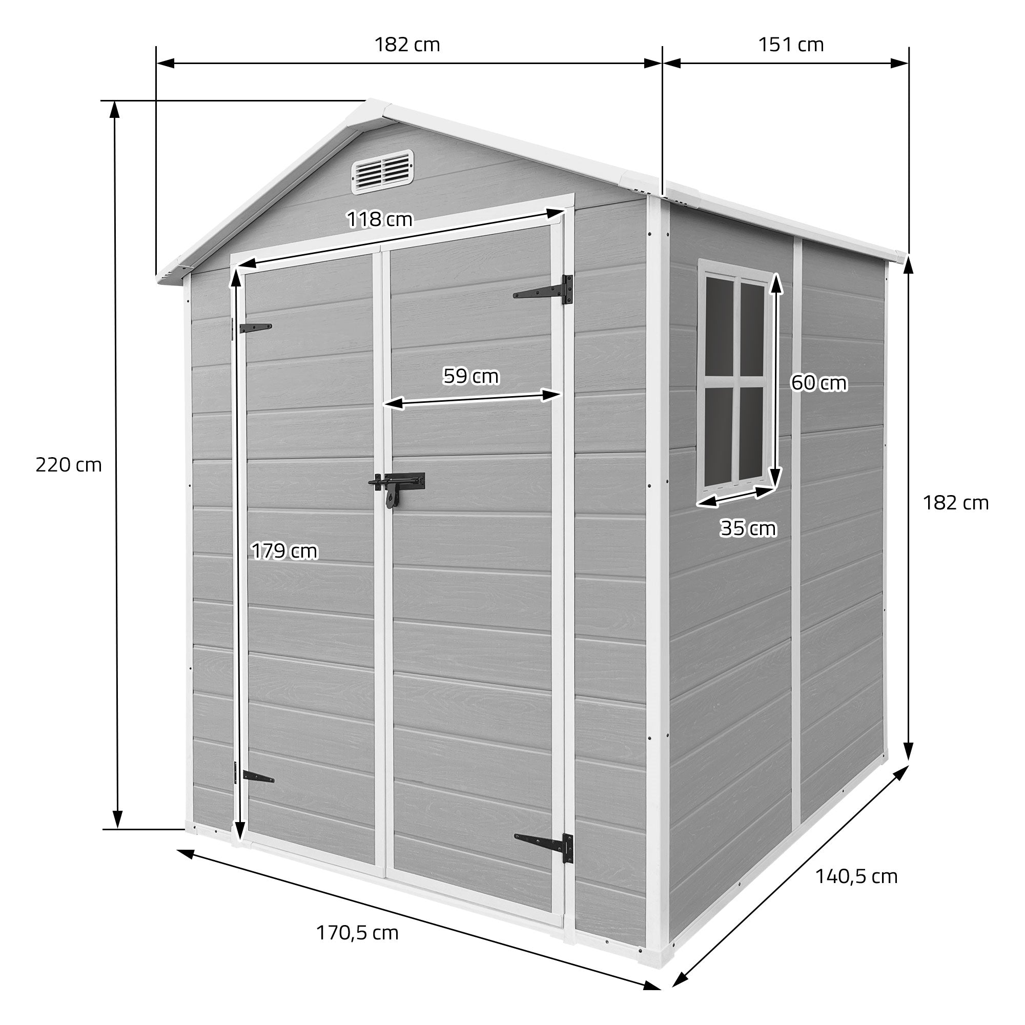 Bauplan eines Gartenhauses mit Maßen und einer Tür.