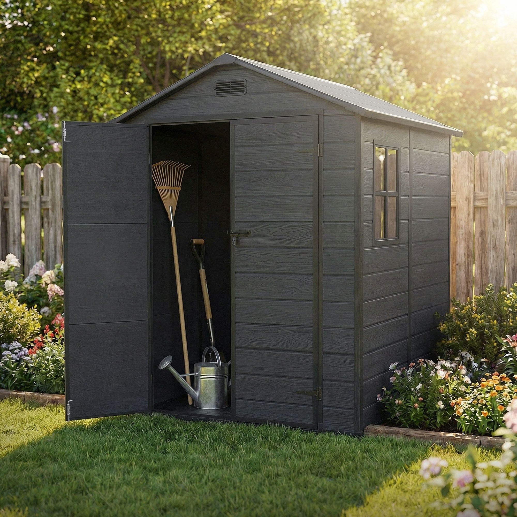 Black garden shed with open entrance, garden tools inside, and flower bed in the background.
