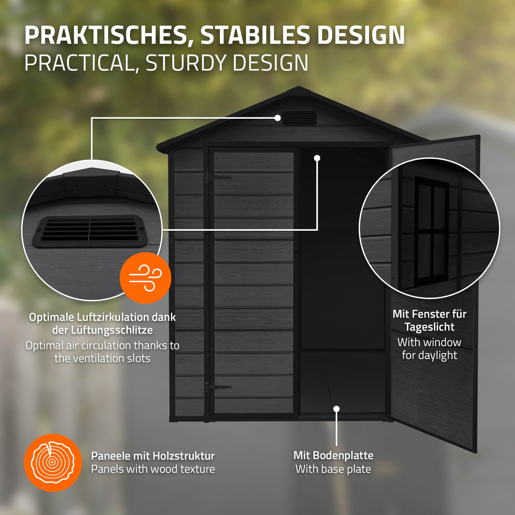 Stable design of a garden house with window and ventilation slots.