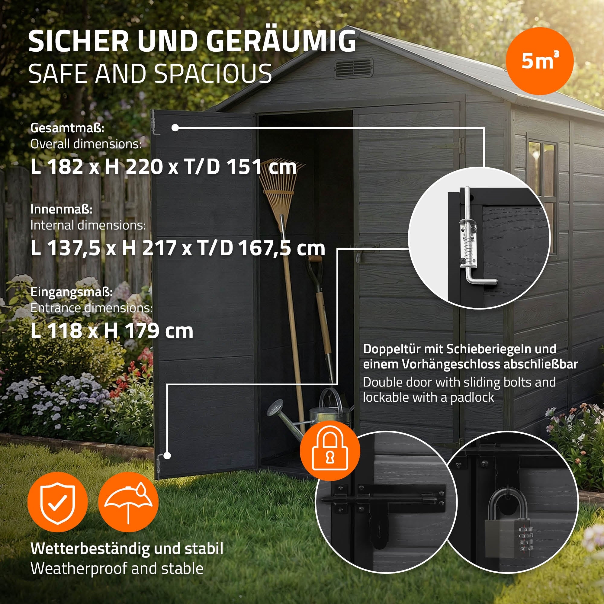 Graphic with dimensions and safety features of a garden shed.