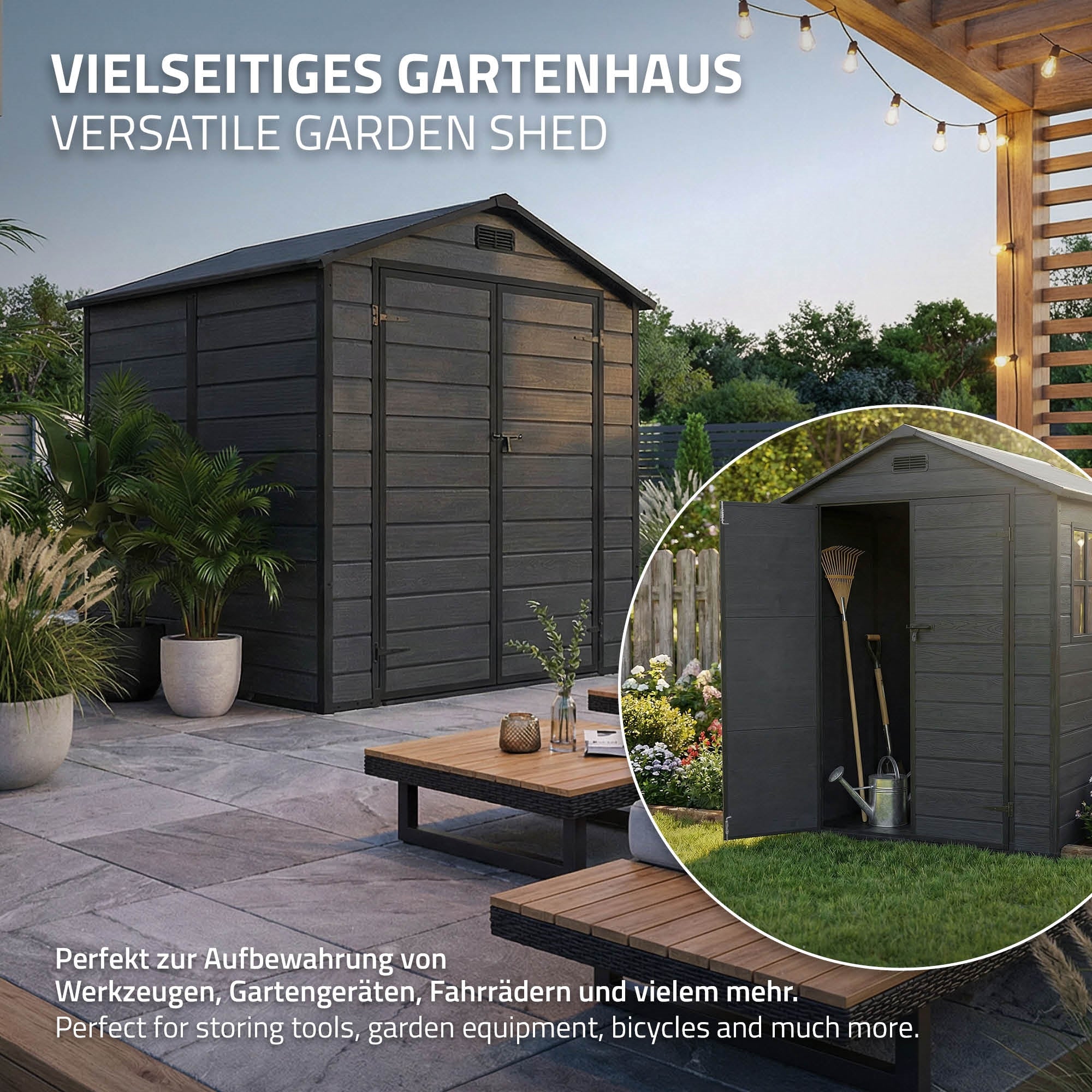 A wooden garden shed with an open area that can store tools and bicycles.