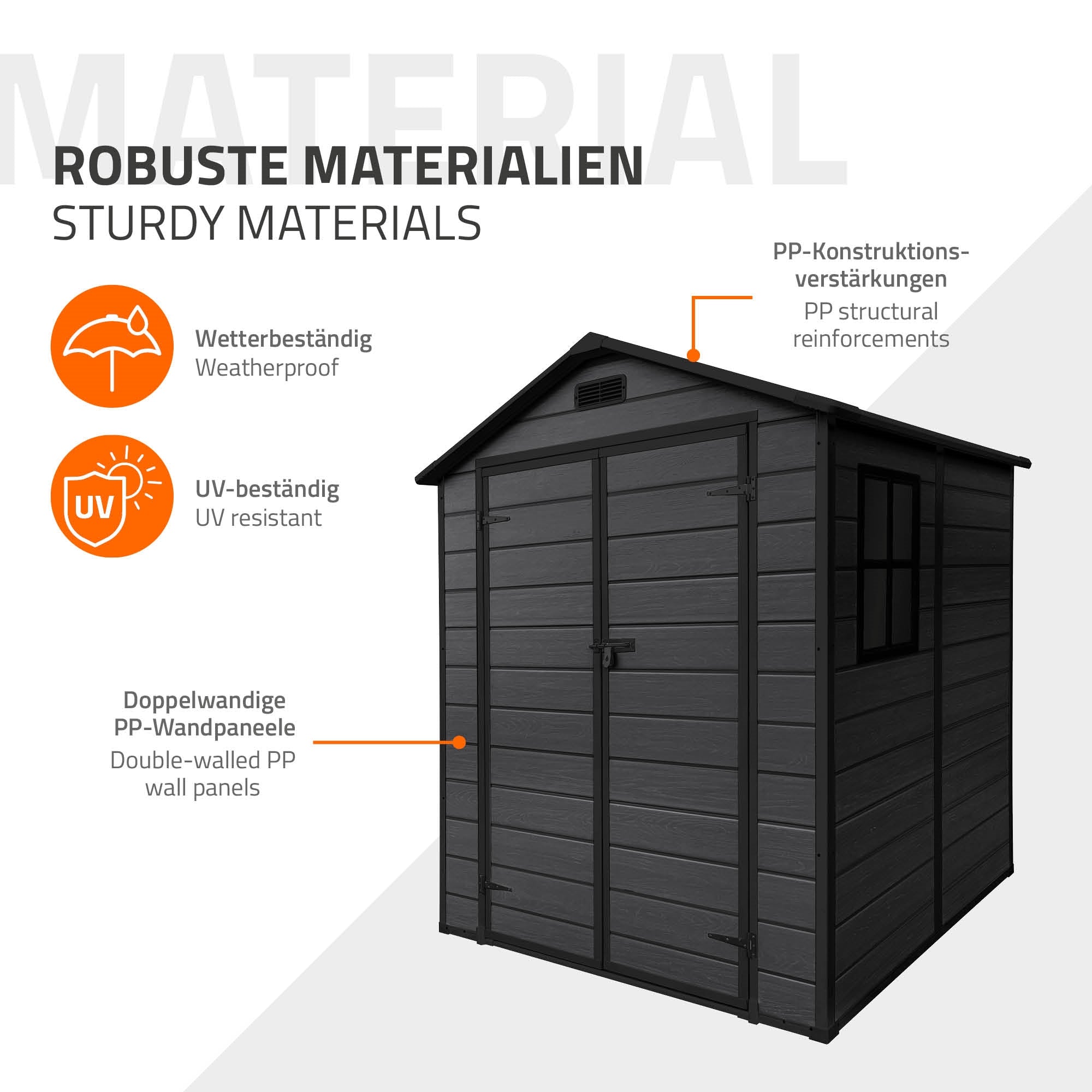 Black garden shed made of sturdy material with window and door.