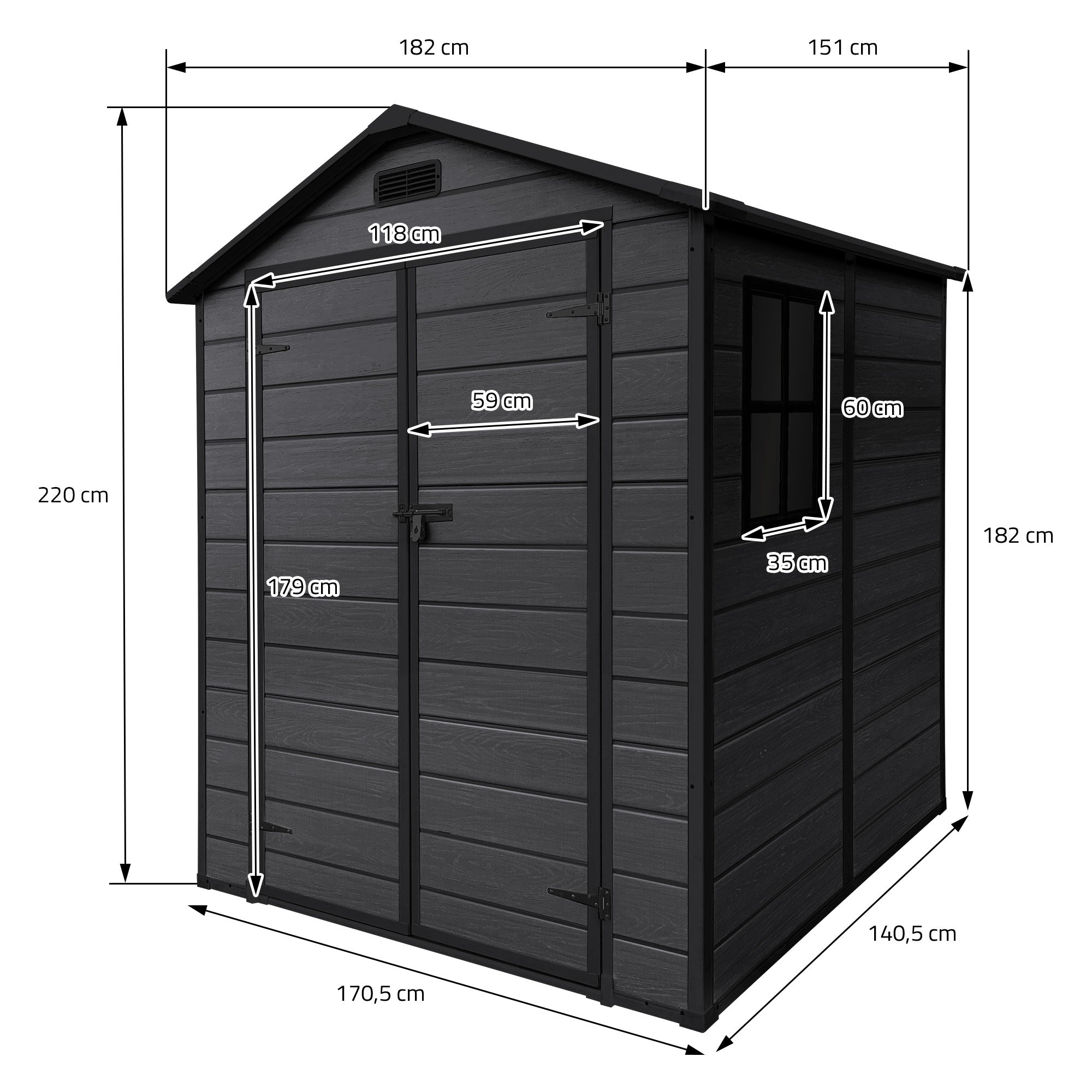 Black garden shed with dimensions and door at the front.
