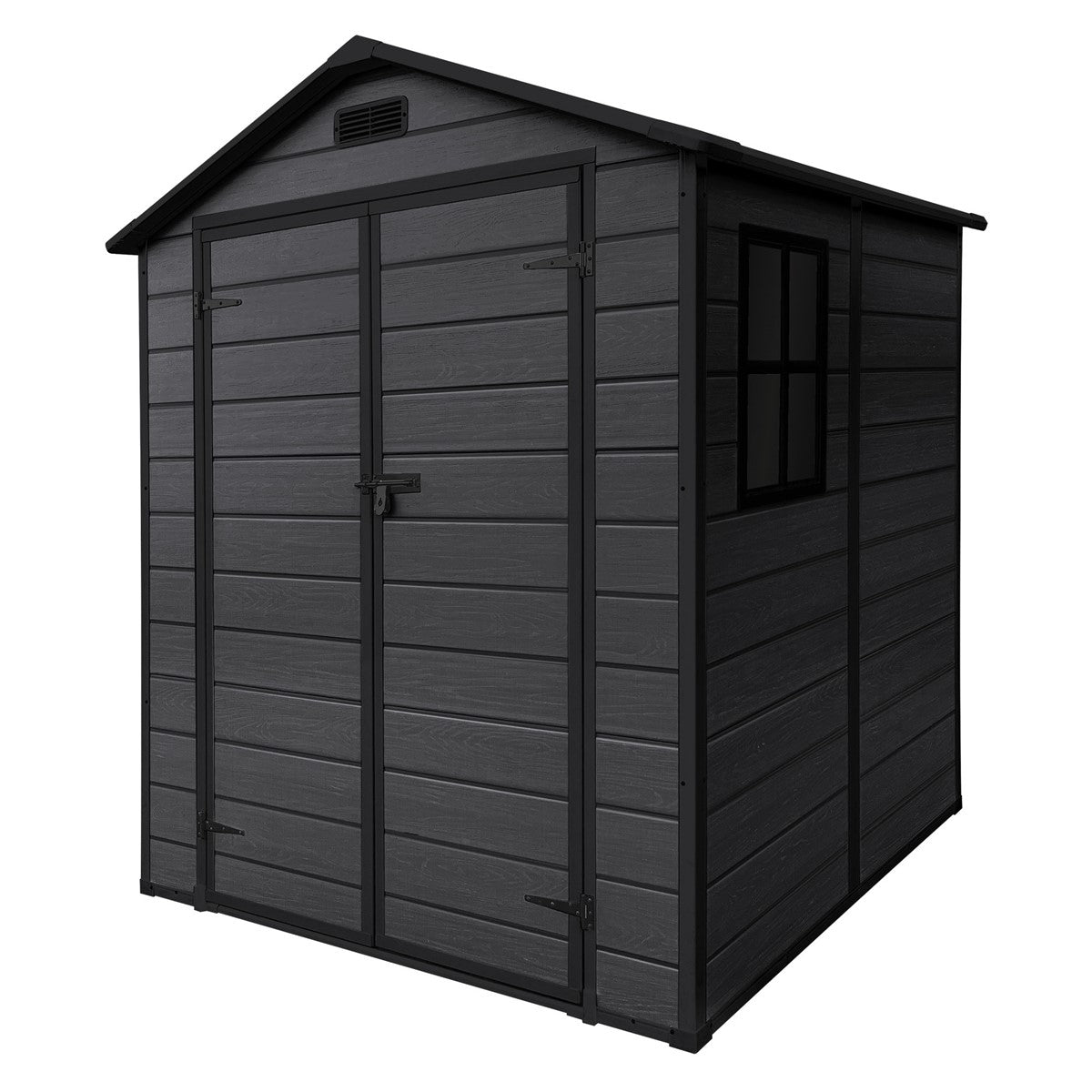 Black garden shed with a closed door and window.