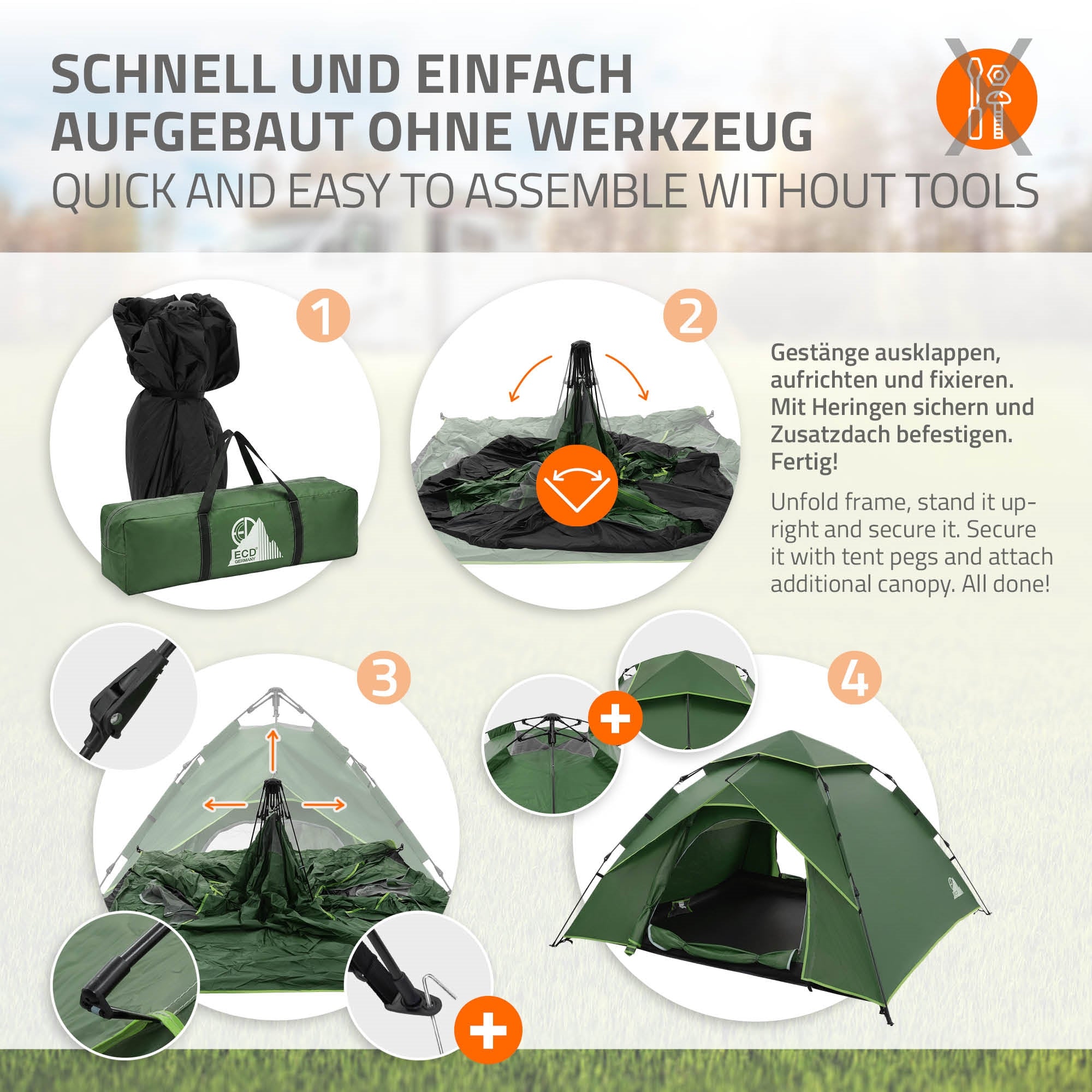 Anleitung zum Zeltaufbau mit Schritten und Illustrationen für die Montage.