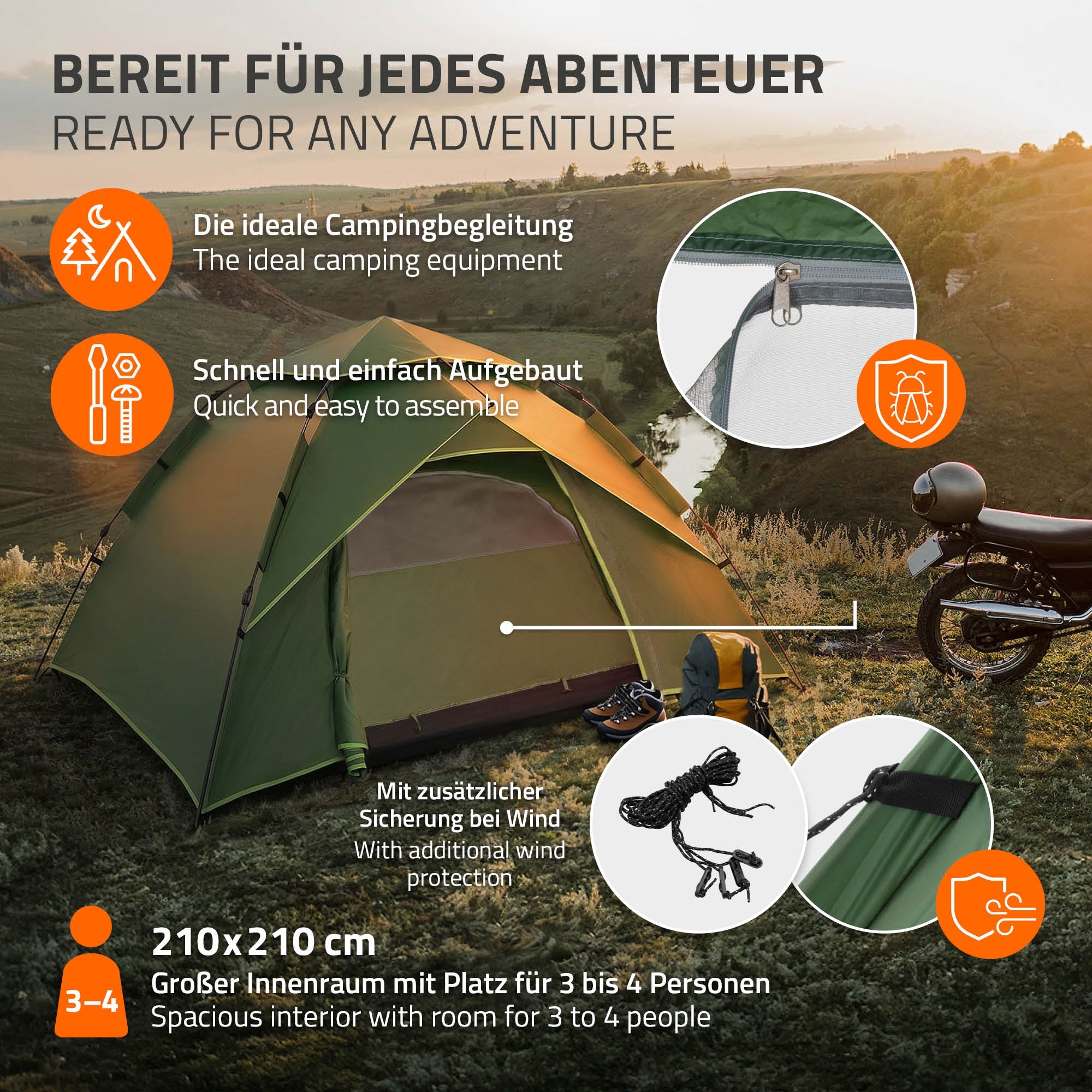 Informationen über ein Campingzelt für 3 bis 4 Personen mit Abmessungen und zusätzlicher Sicherung.