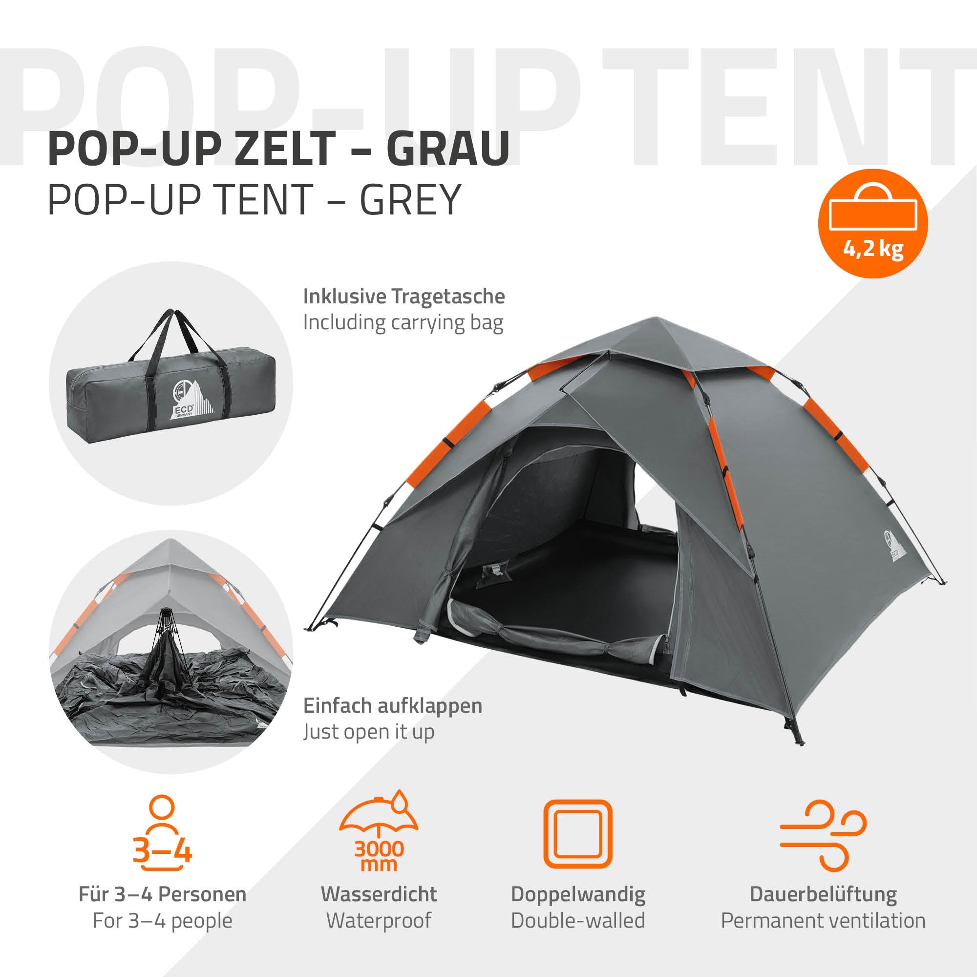 Graues Pop-Up Zelt mit Tragetasche, geeignet für 3-4 Personen.