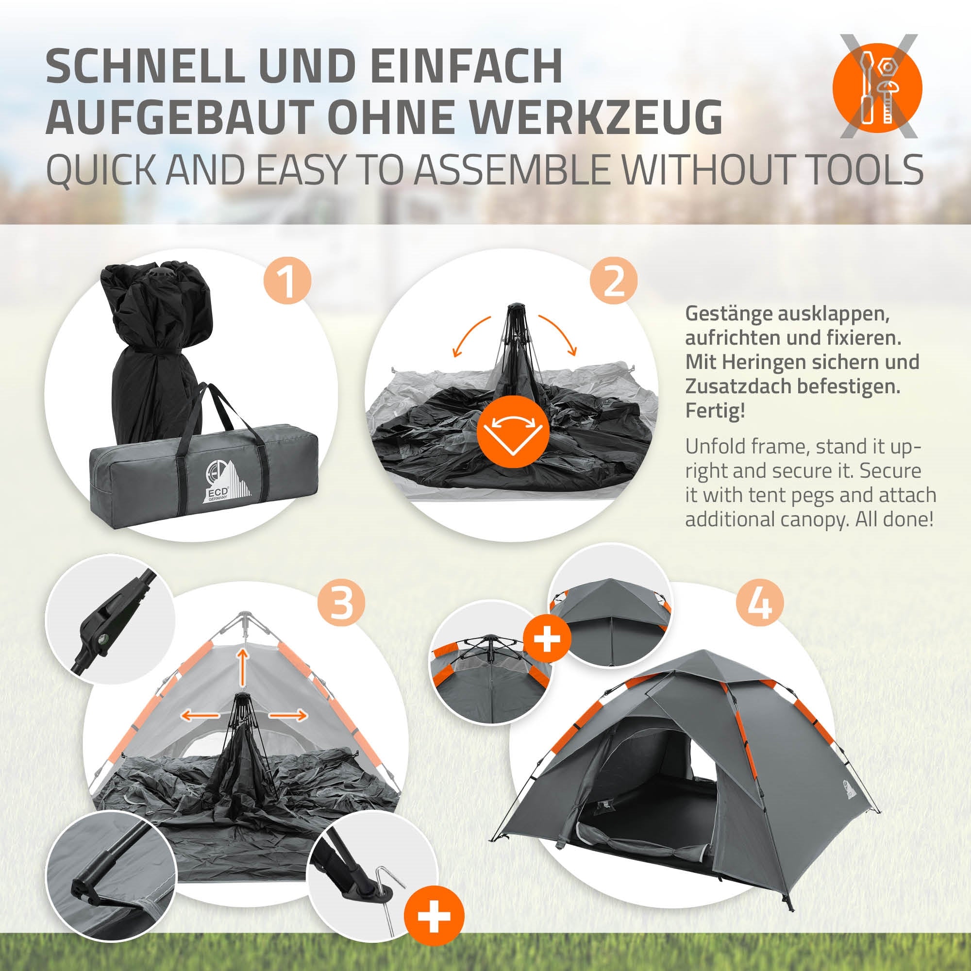Anleitung zum schnellen Aufbau eines Zeltes ohne Werkzeuge, mit Schritten und Illustrationen.