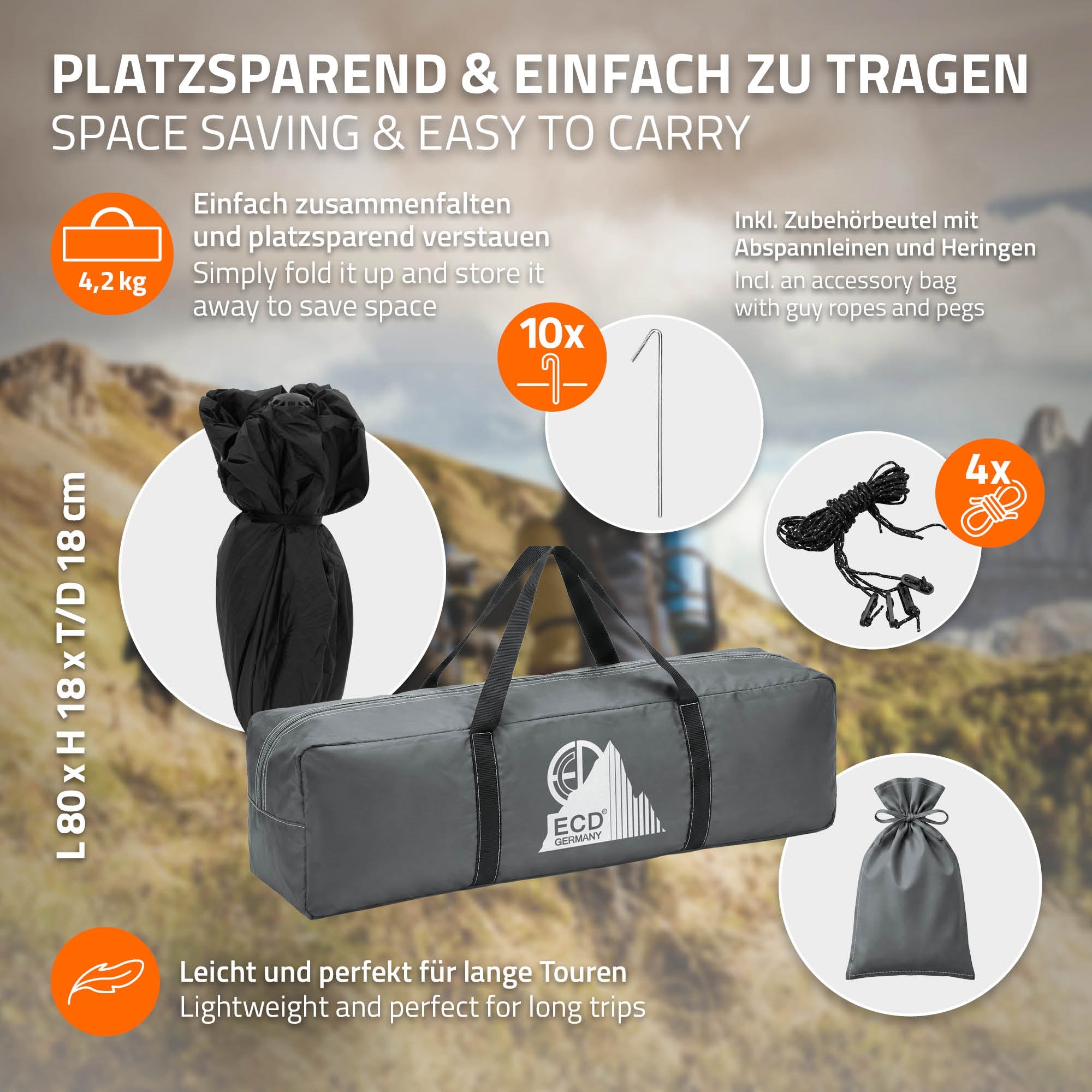 Tragetasche für Campingzubehör, mit Zubehör und Heringen, leicht und platzsparend.