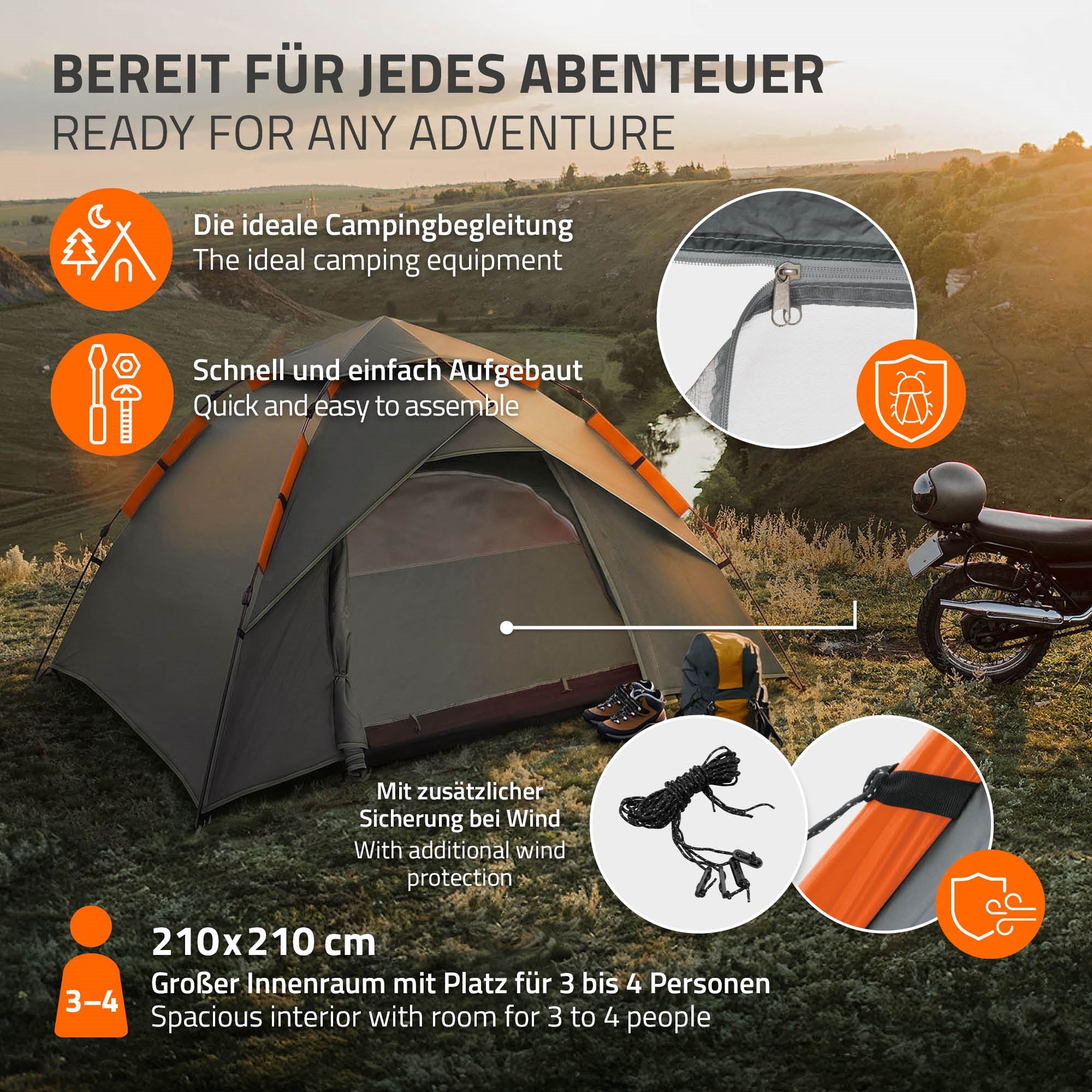 Grafik eines Zeltes mit Text über Campingausrüstung und einfachem Aufbau.