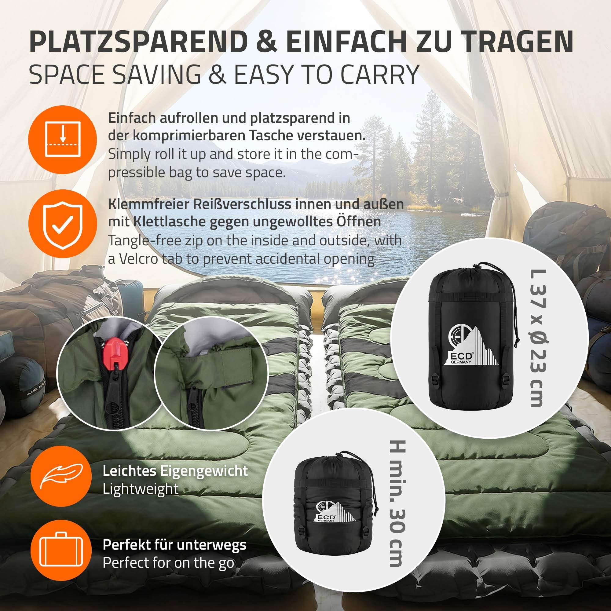 Graphic with information about a sleeping bag that is space-saving and easy to carry.