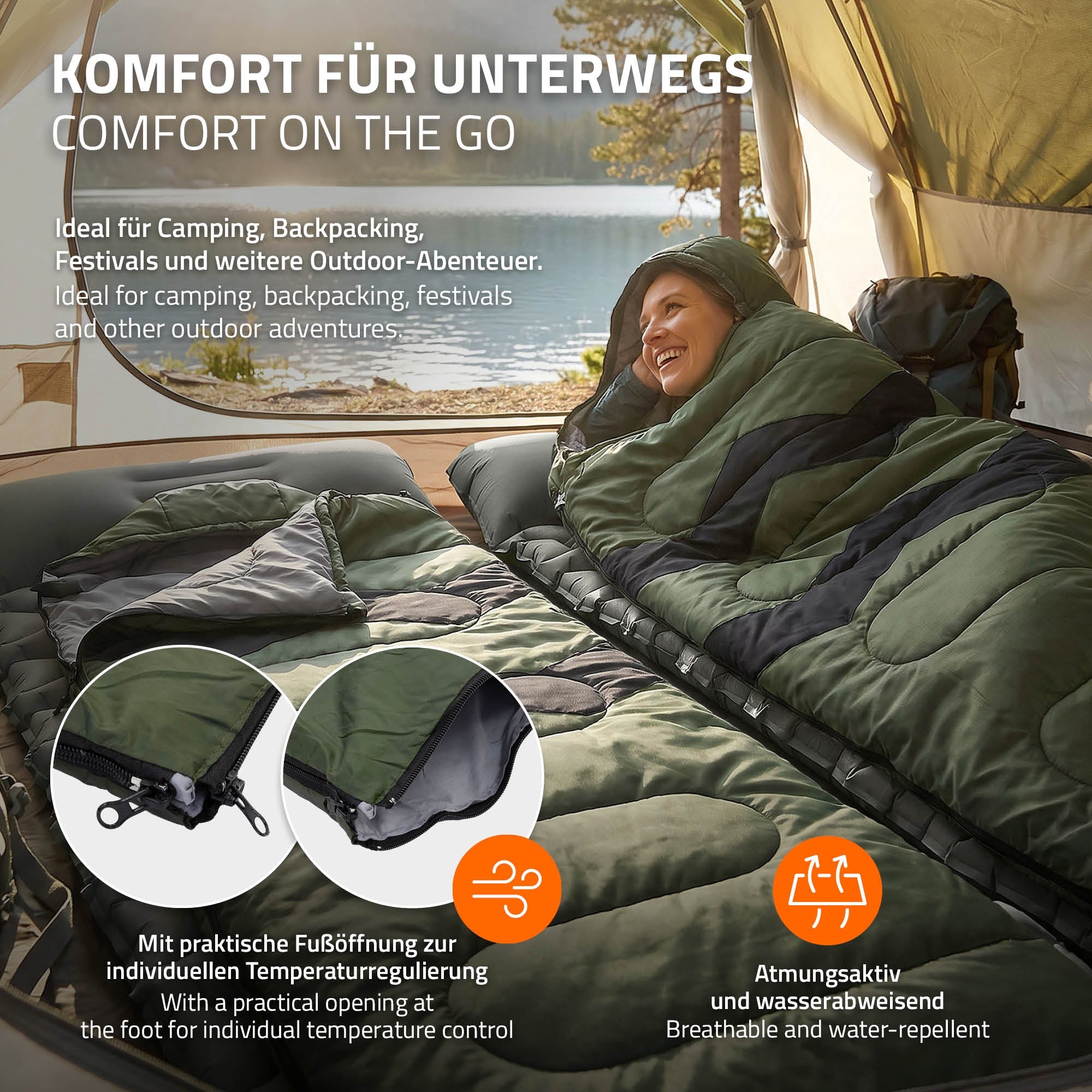 Schlafsack in grün, auf einer Liege im Zelt, mit Fußöffnung zur Temperaturregelung.