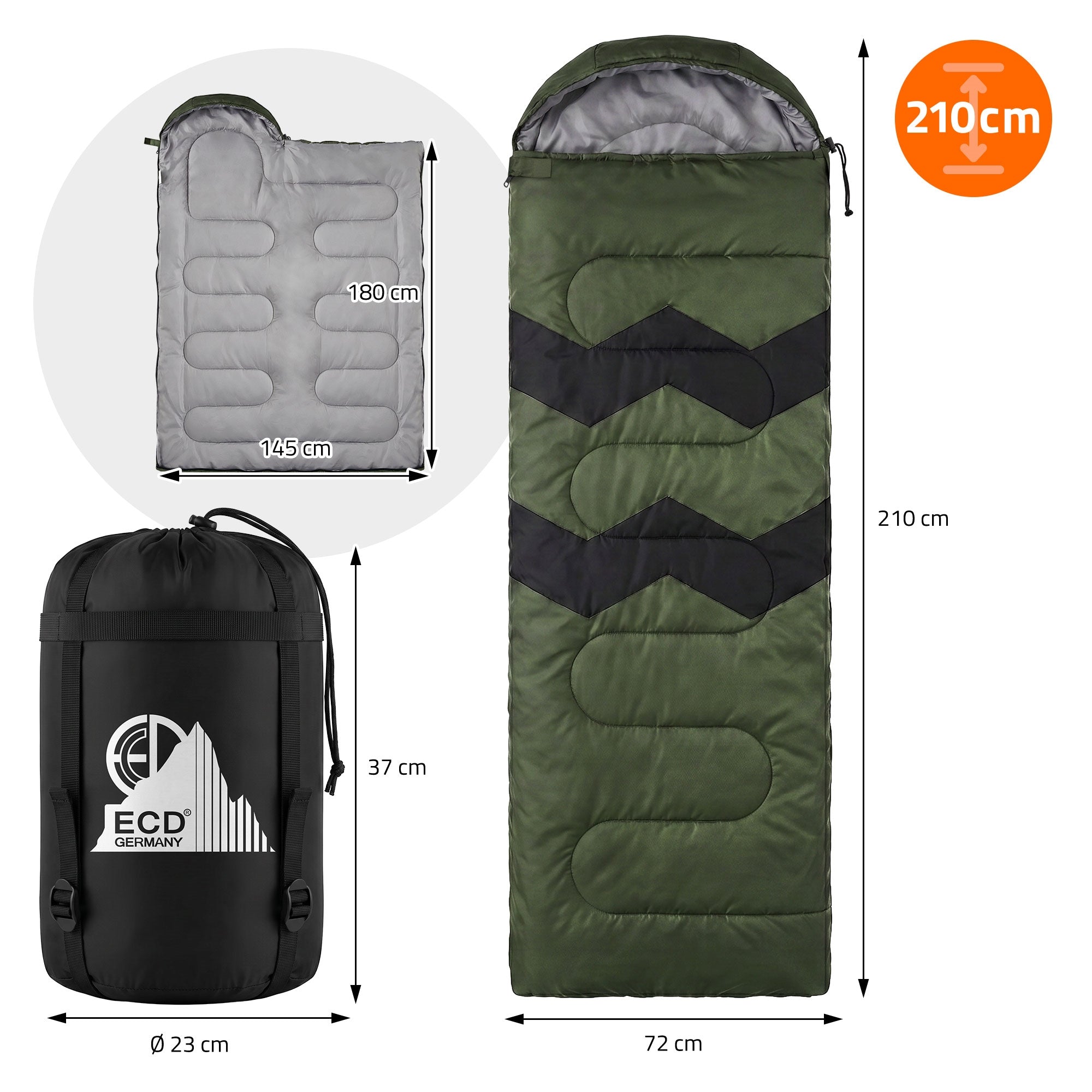 Olivenfarbener Schlafsack mit Maßen und Gewicht, verpackt in einem Beutel.