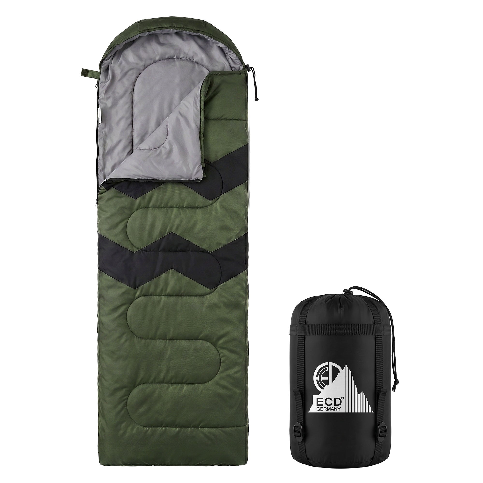 Dunkelgrüner Schlafsack mit grauem Innenfutter und Tragetasche.