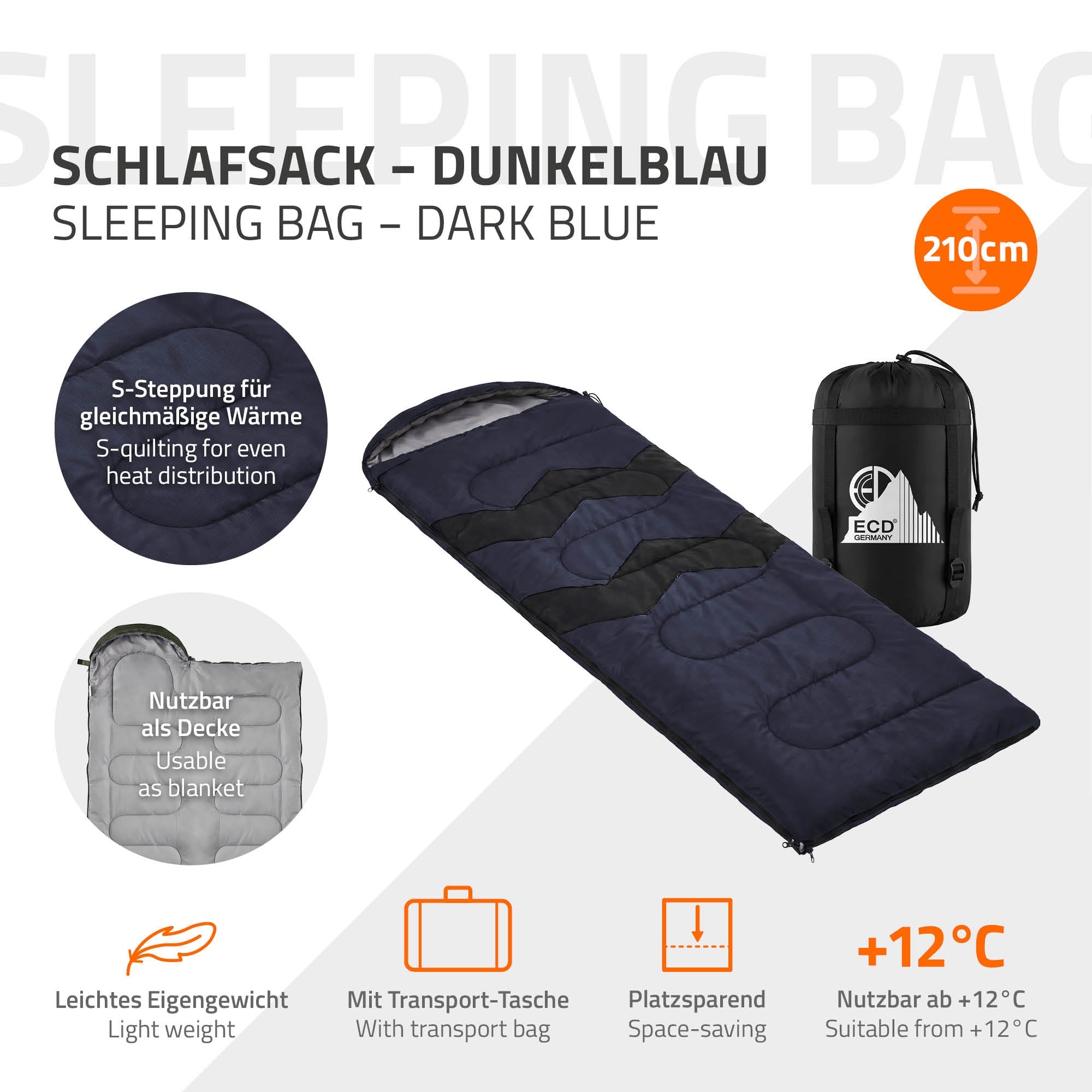 Dunkelblauer Schlafsack mit S-Steppung für gleichmäßige Wärmeverteilung.