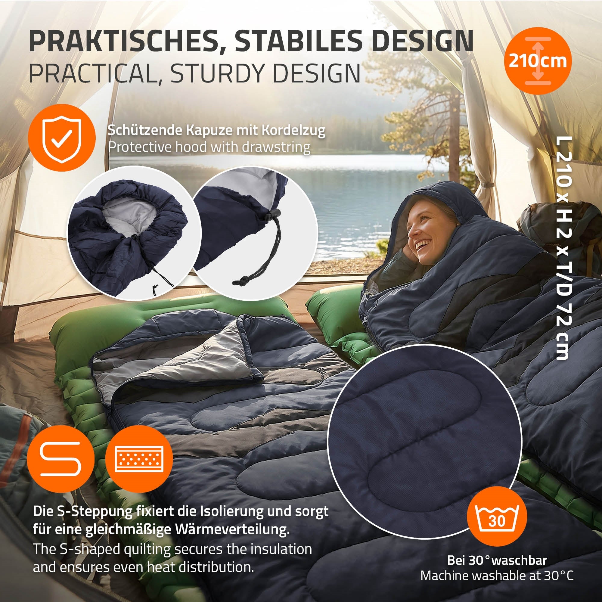 Grafik mit Informationen zu einem Schlafsack, zeigt Design und Pflegehinweise.