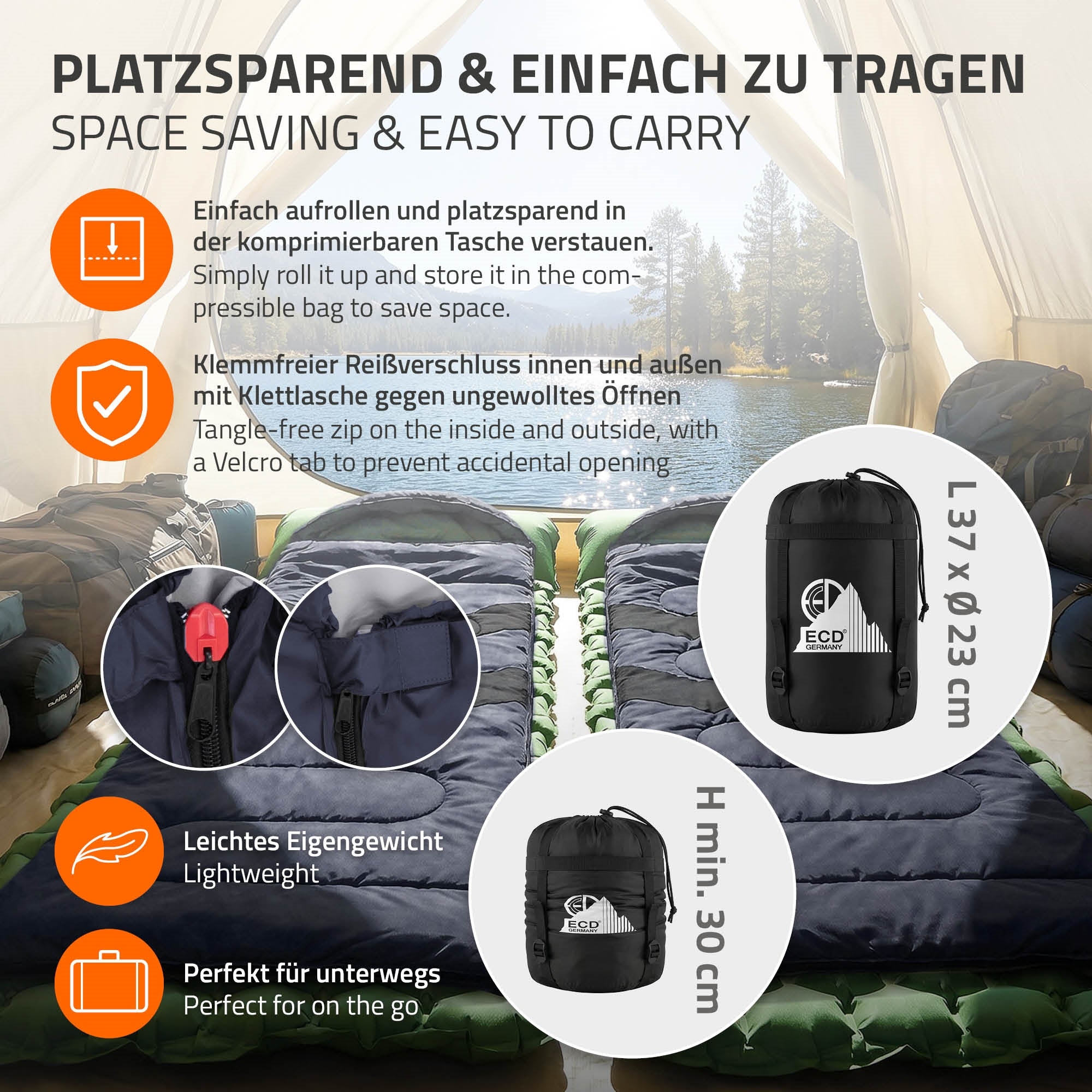 Grafik mit Informationen zu einem Schlafsack, der platzsparend und leicht zu tragen ist.