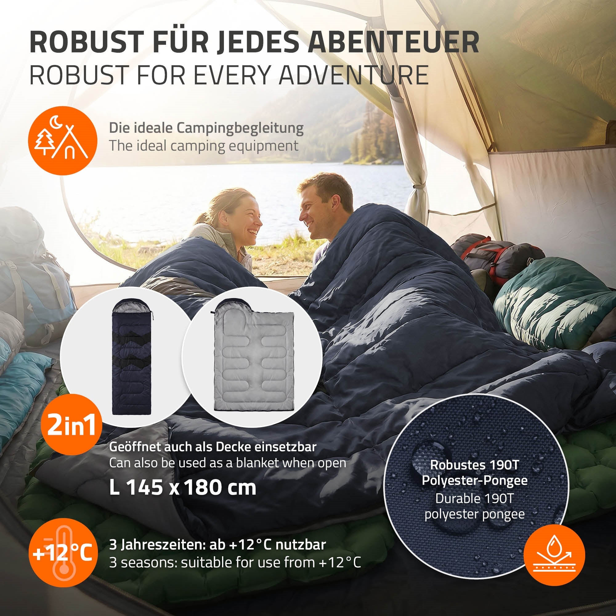 Zwei Personen liegen in einem Schlafsack, Zelt im Hintergrund.