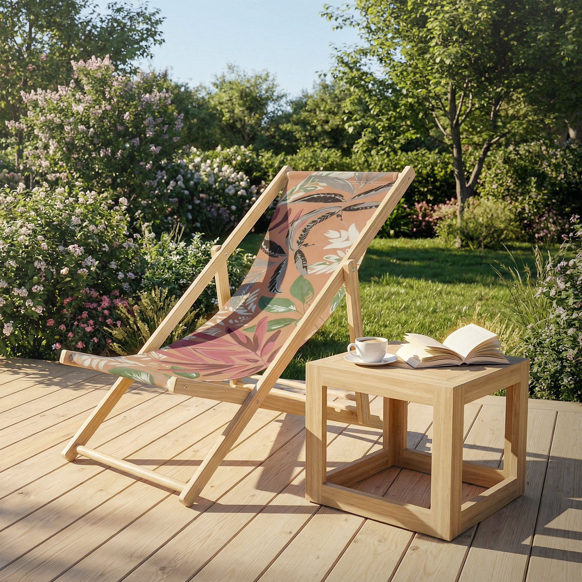 Holzliegestuhl mit floralem Bezug auf einer Terrasse, neben einem Tisch.