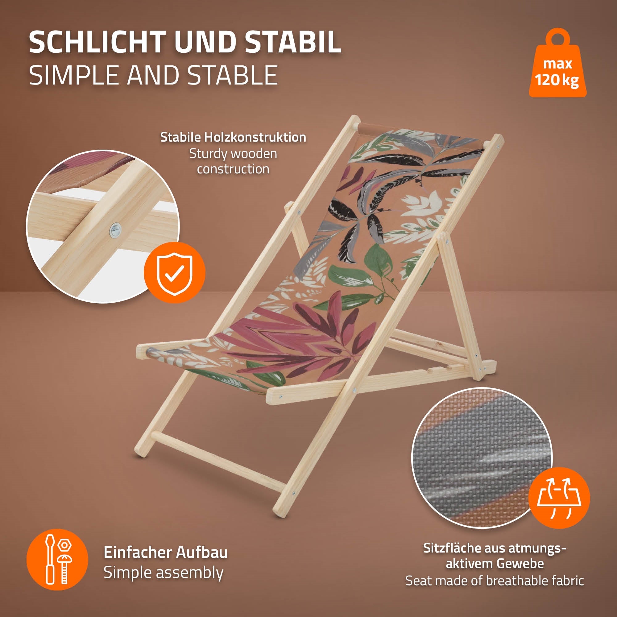 Einfacher und stabiler Liegestuhl mit atmungsaktiver Sitzfläche.